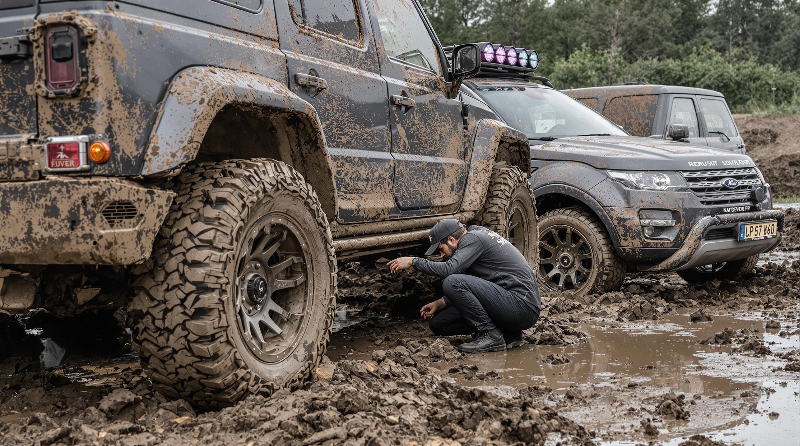 Un vrai 4x4 moderne garé dans la boue à côté d'un SUV urbain sale