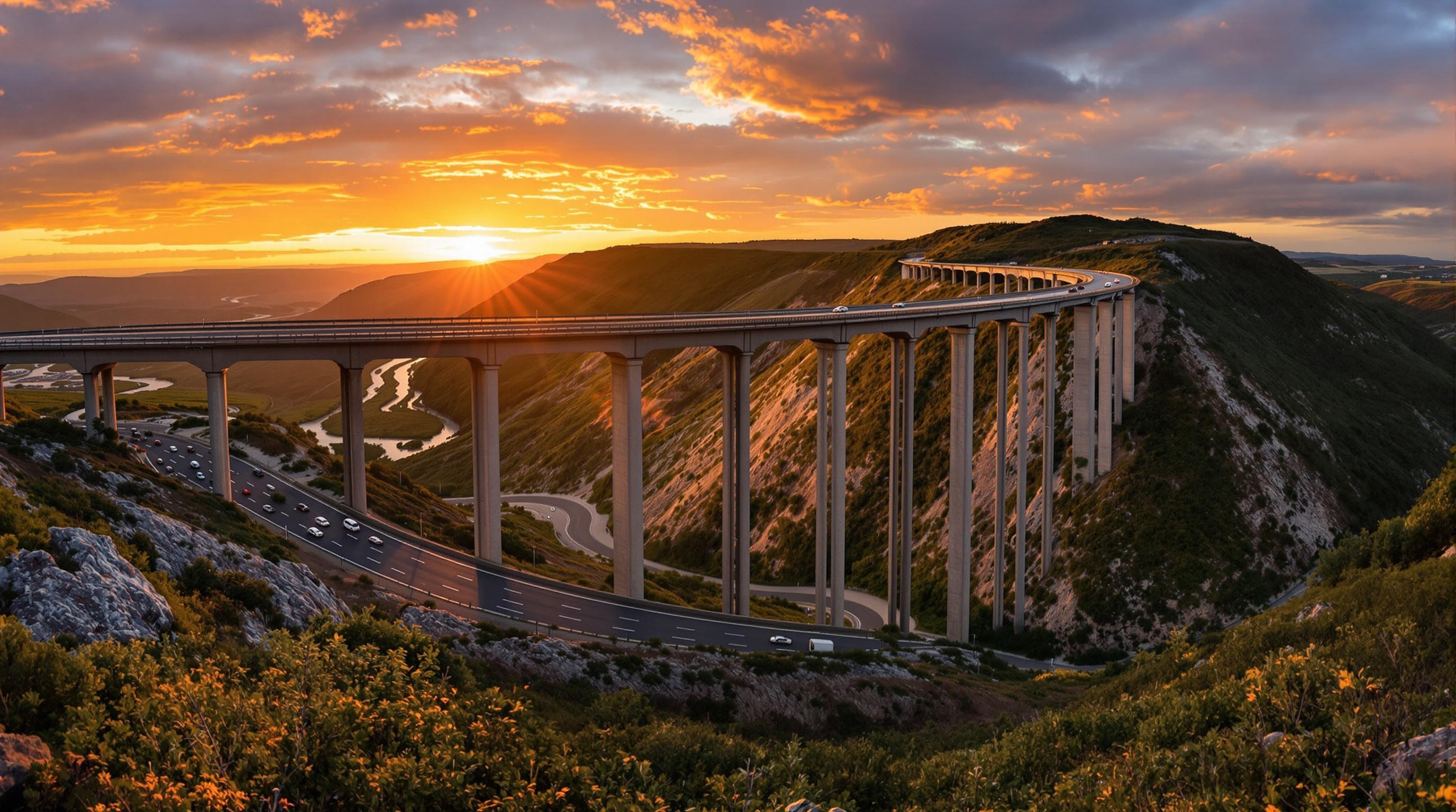 Vue grand-angle de l’A75 sous le viaduc de Millau au coucher du soleil