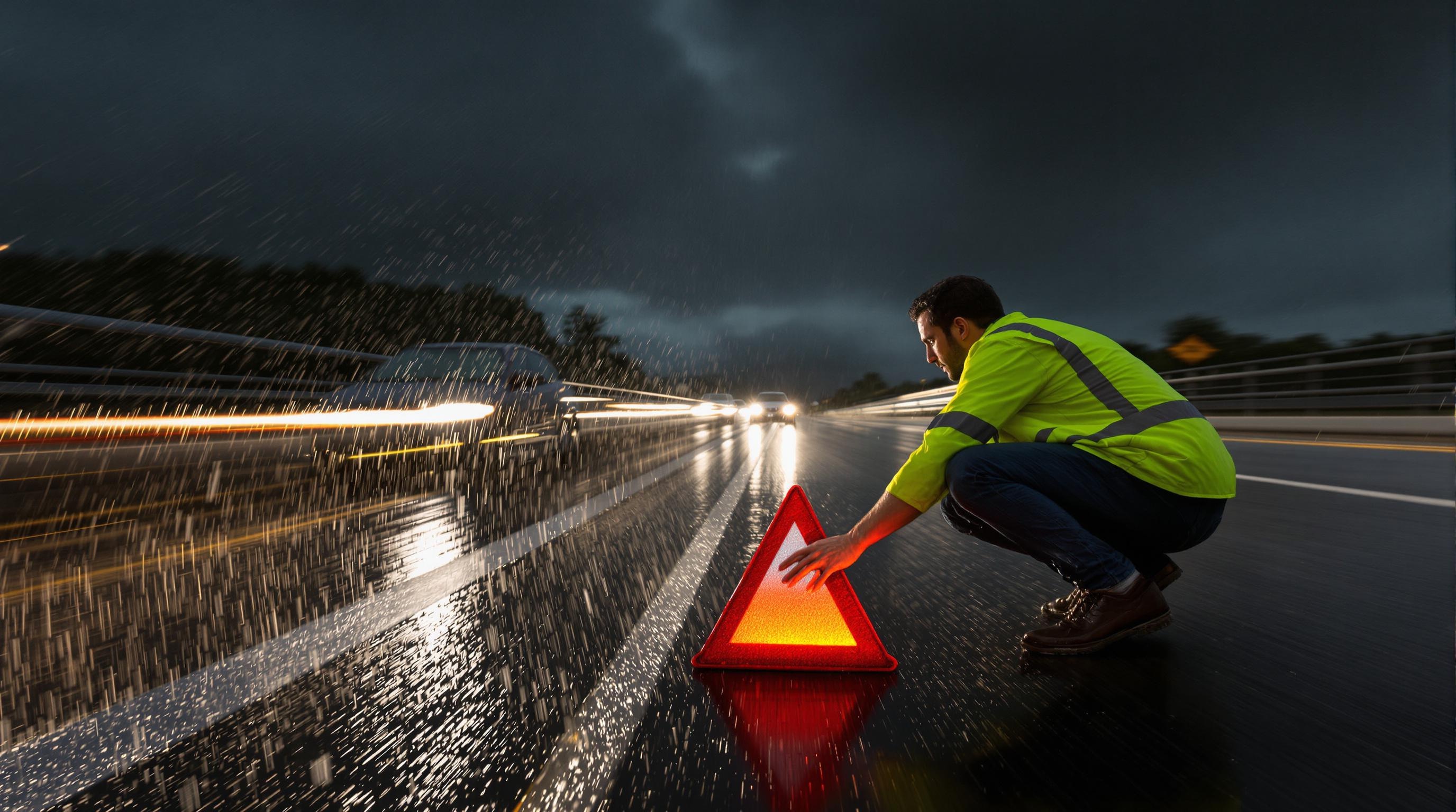 Accident autoroute Espagne pose triangle sous pluie