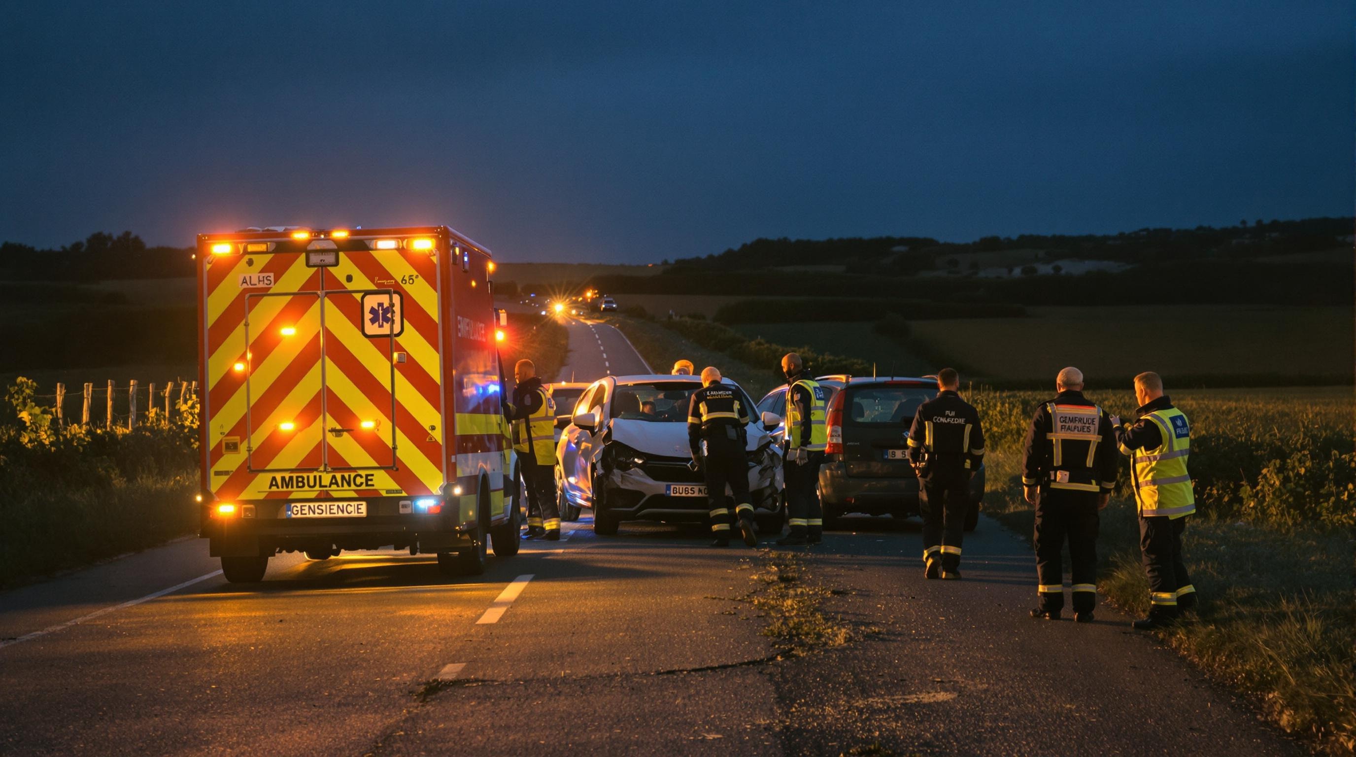 Accident impliquant des seniors sur une route rurale, avec ambulance et gendarmes en soirée