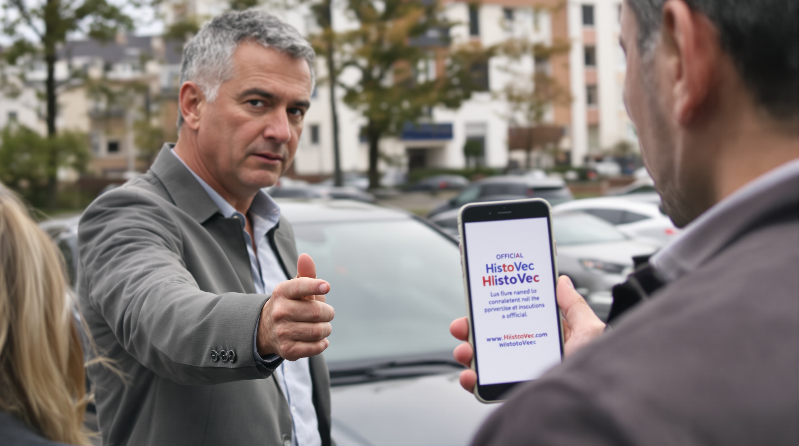 Acheteur vérifiant le lien HistoVec devant le vendeur et la voiture d’occasion