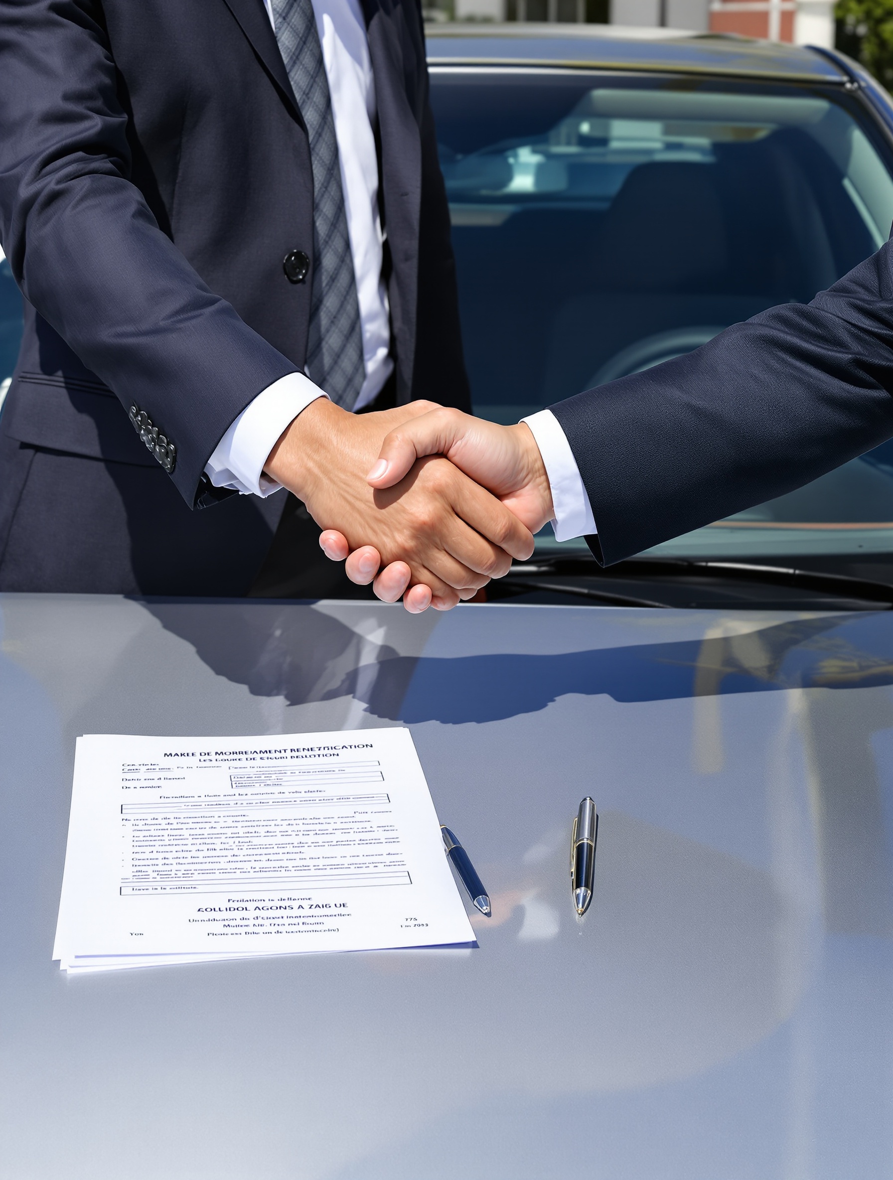 Acheteur et vendeur négociant devant une voiture d'occasion, ambiance tendue mais respectueuse.