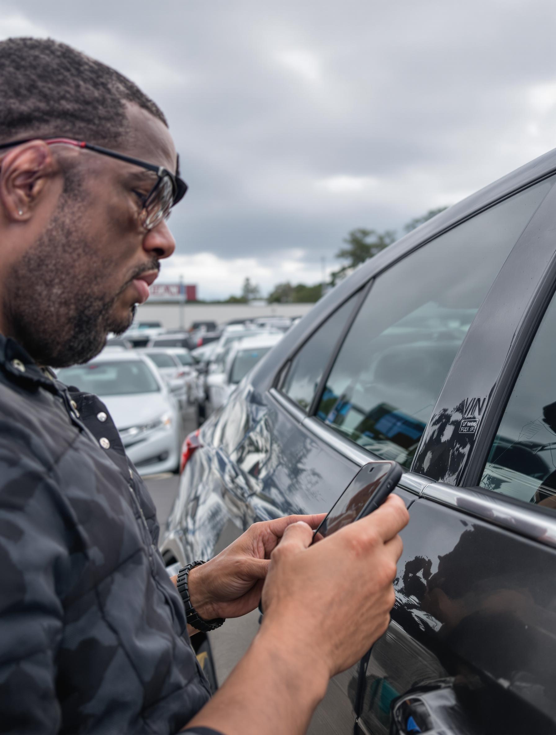 Acheteur vérifiant le numéro VIN sur une voiture d'occasion