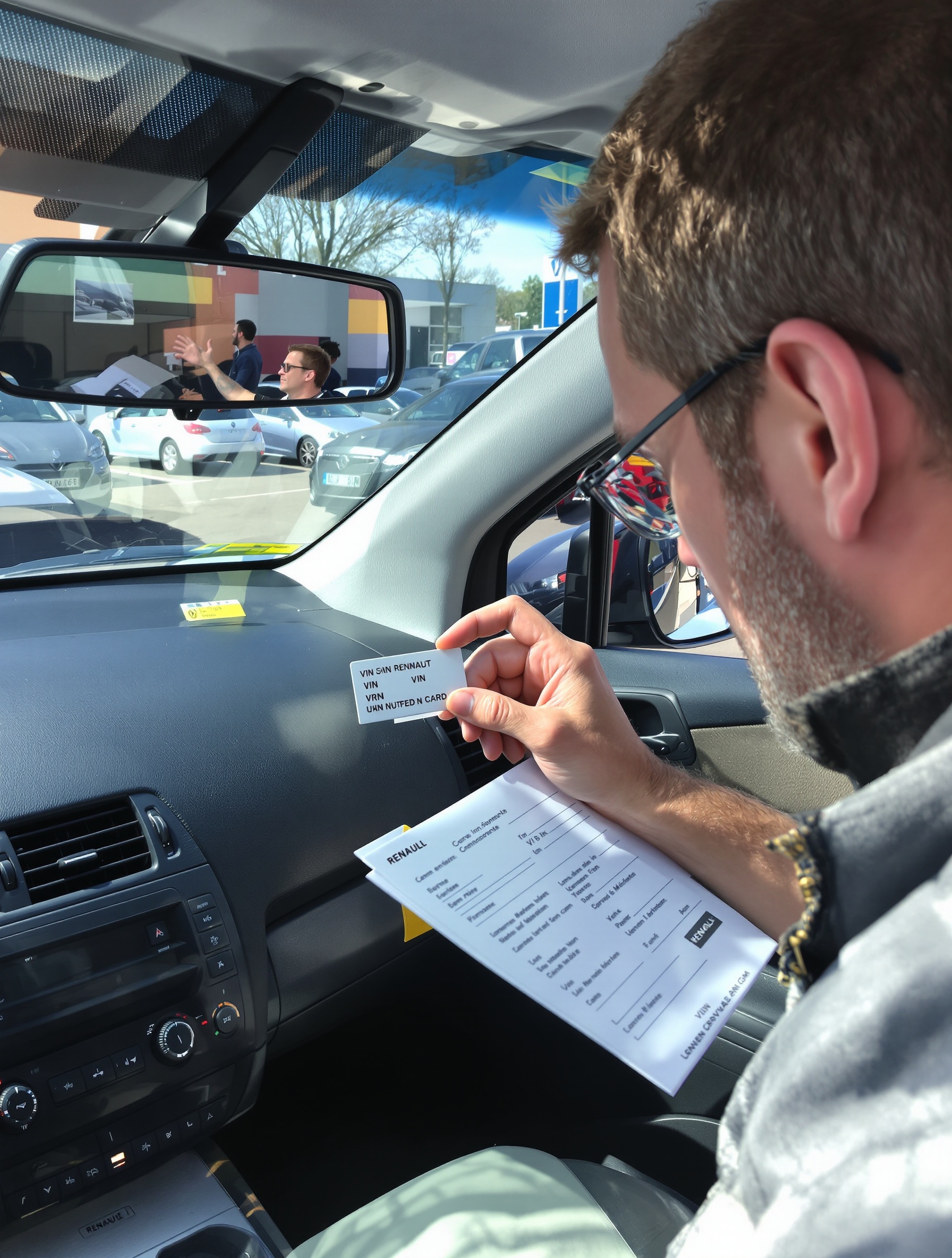 Acheteur scrutant minutieusement le numéro VIN sur une Renault d’occasion, base du pare-brise et portière conducteur, avec carte grise en main
