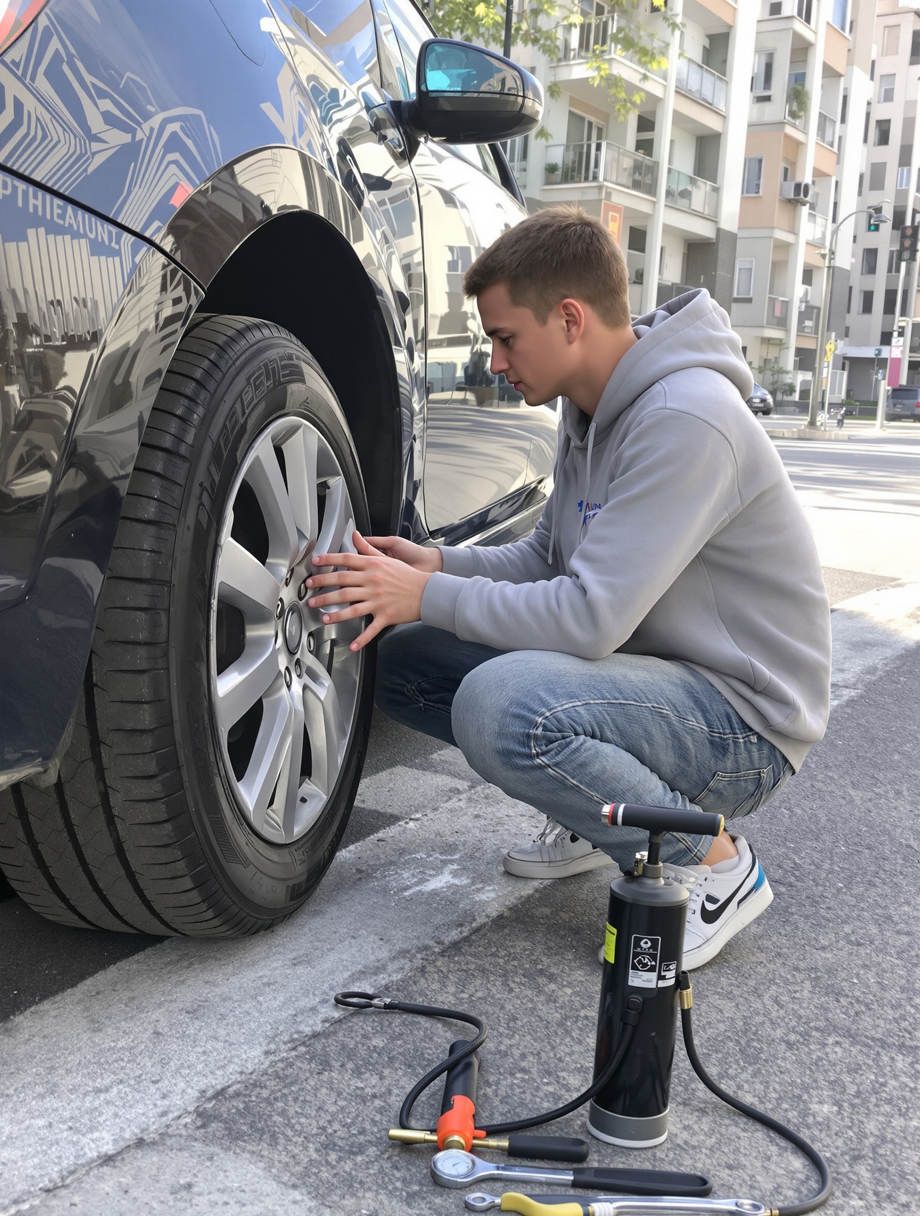 Adolescent vérifiant la pression des pneus sur une voiture sans permis