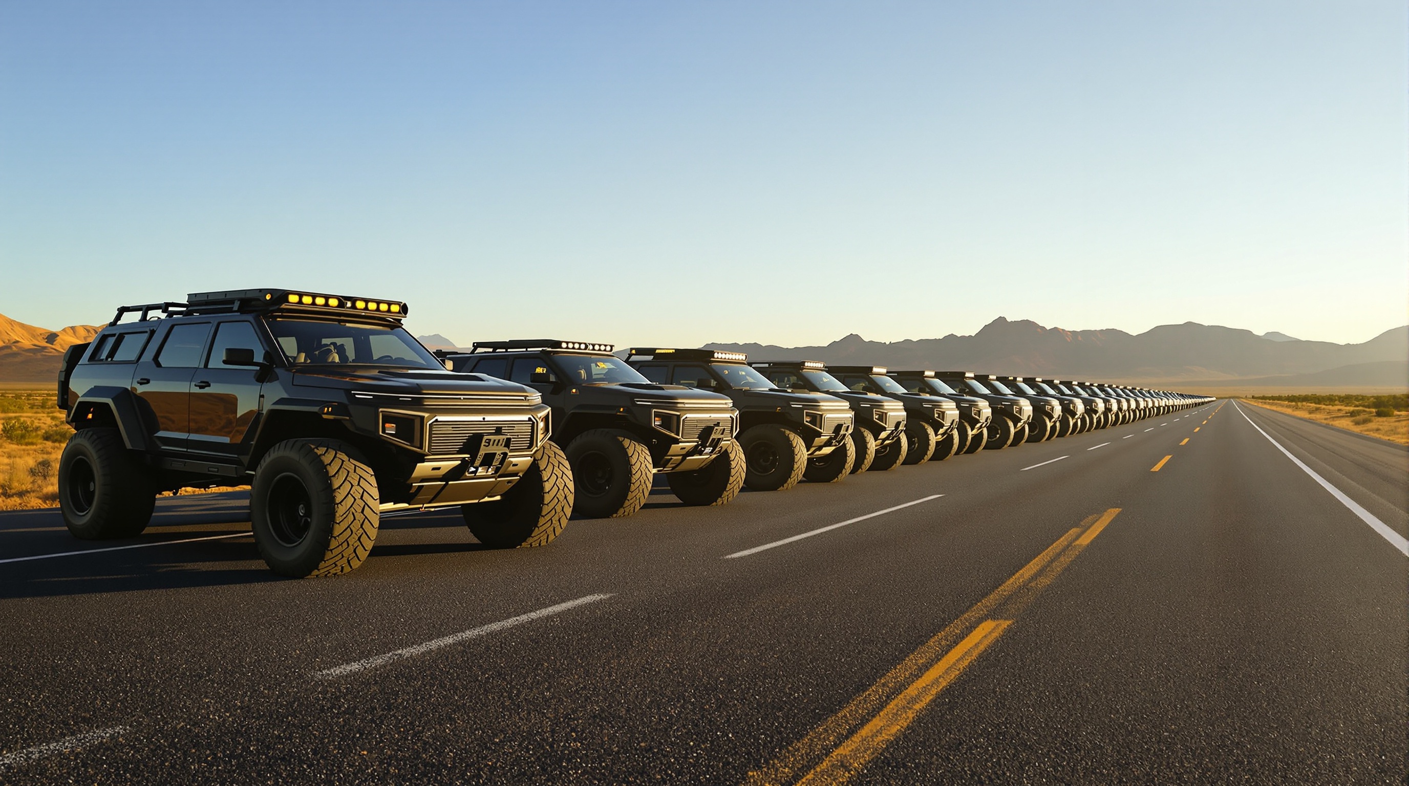 Alignement de véhicules électriques américains performance brute désert