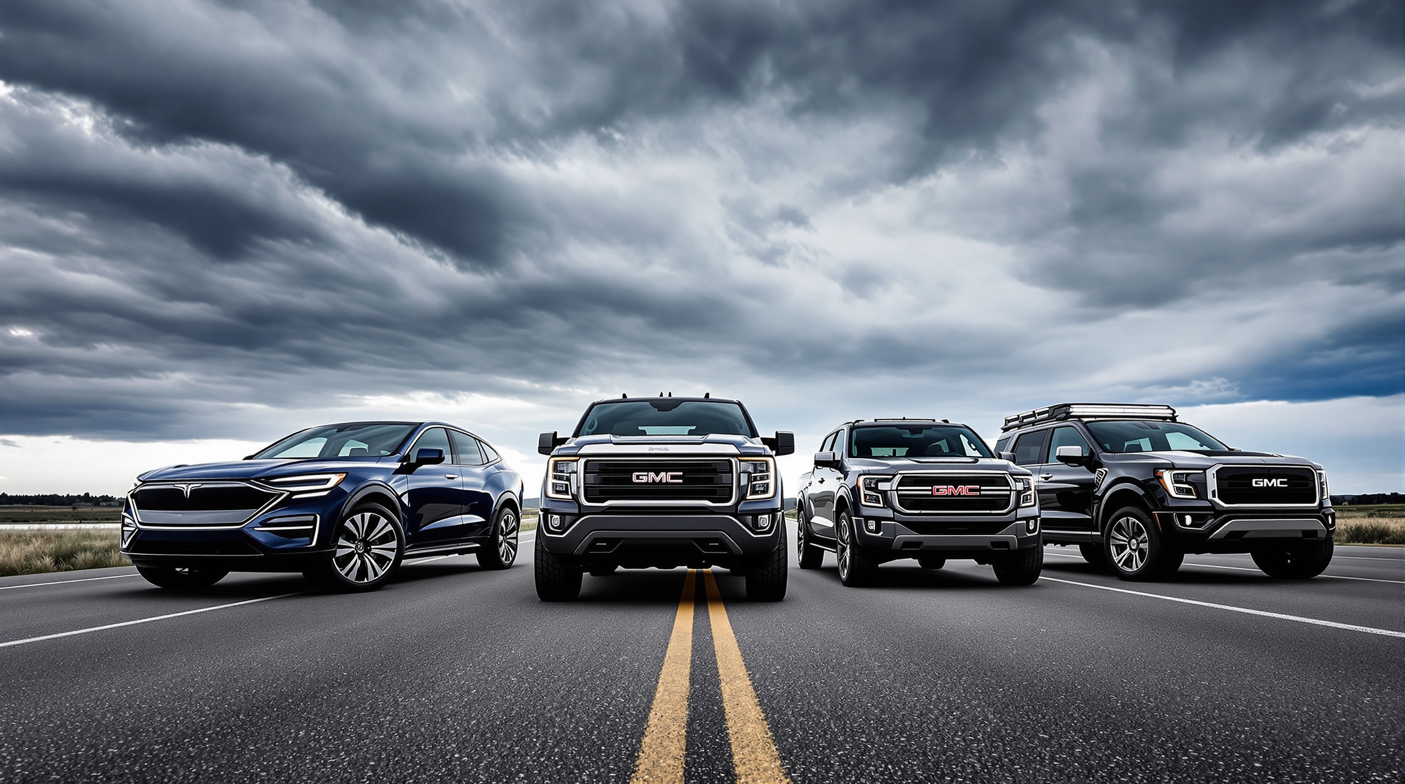 Voitures électriques américaines mastodontes alignées sur route US