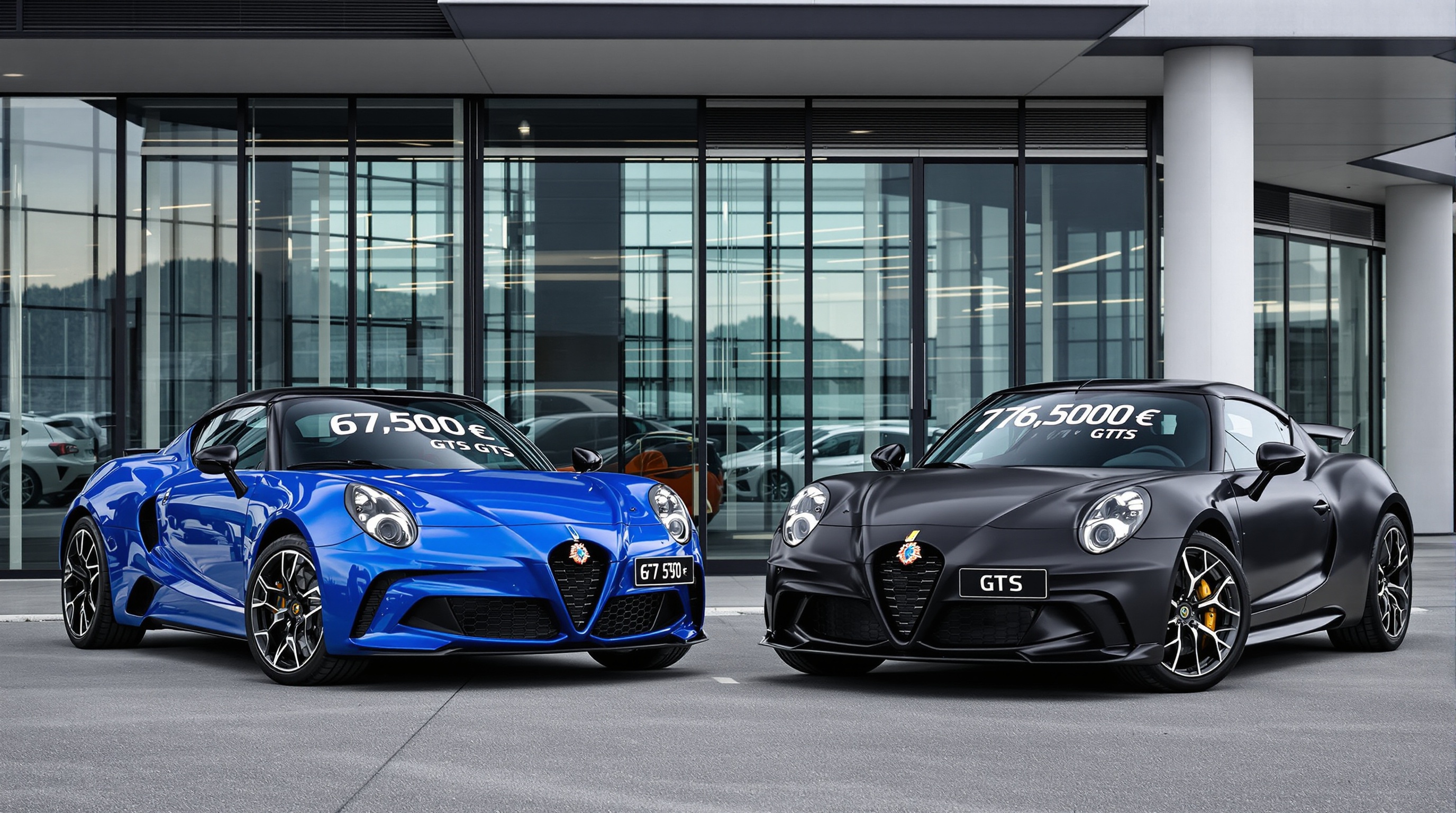 Deux Alpine A390 GT et GTS côte à côte avec affichage prix