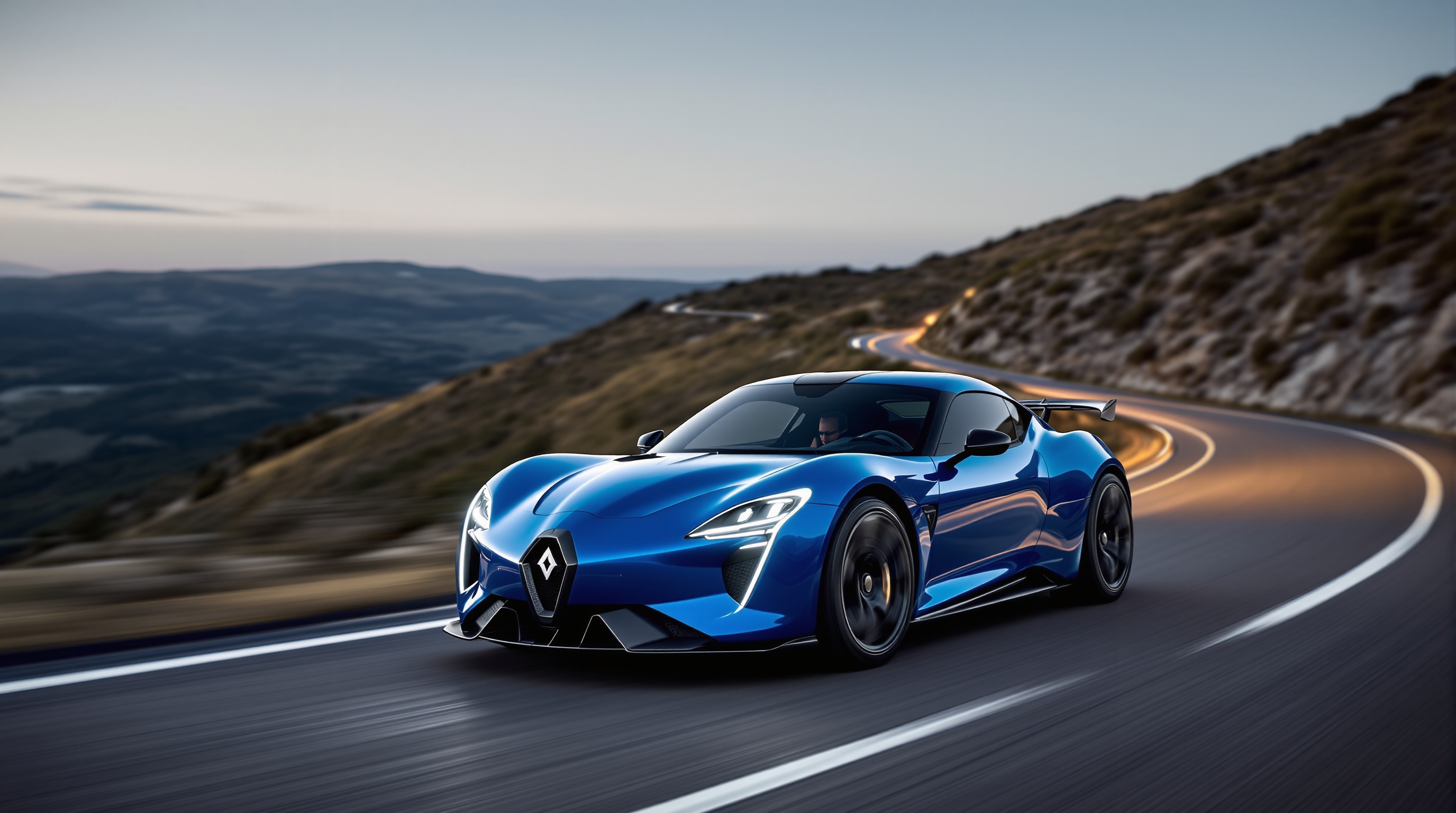 Alpine A390 bleu, vue trois-quarts avant sur route sinueuse au crépuscule