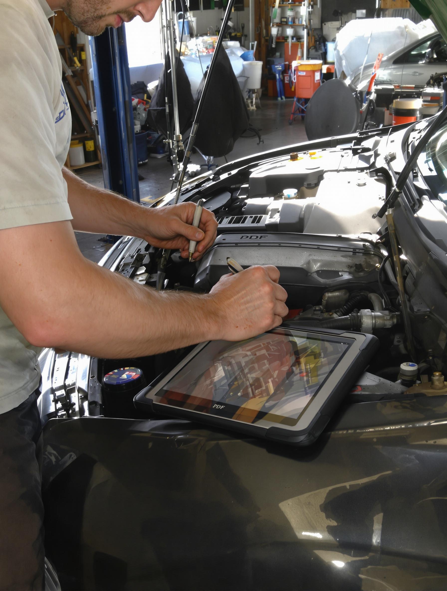 amateur travaillant sous le capot, mains graisseuses annotant un PDF sur tablette