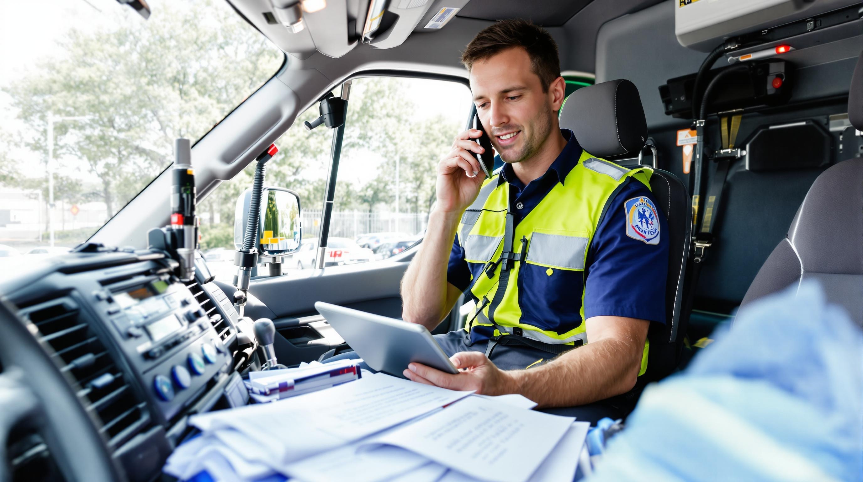 Ambulancier remplissant un rapport d'intervention après accrochage mineur dans l'habitacle.