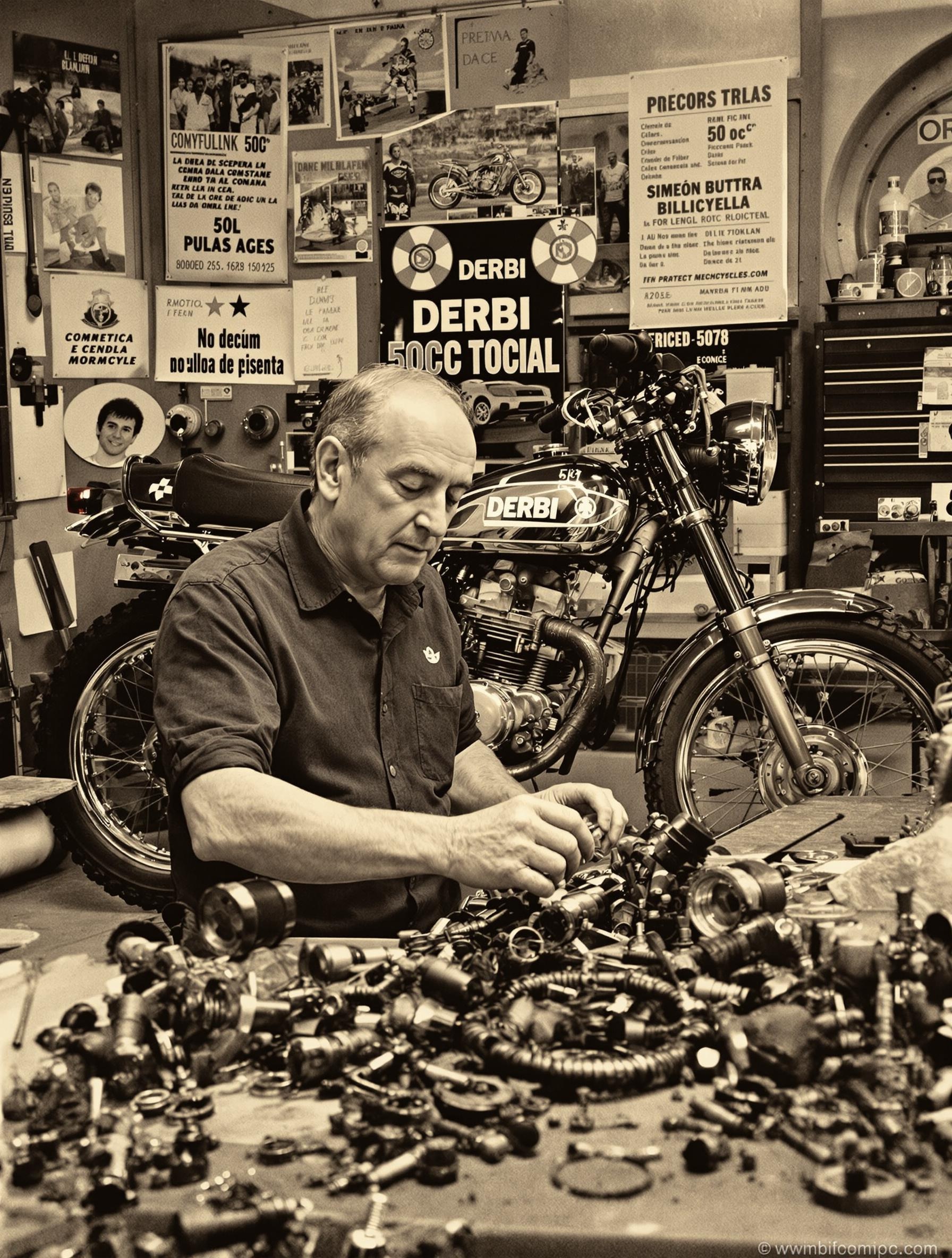 Simeón Rabasa i Singla, créateur légendaire de Derbi, dans son atelier vintage