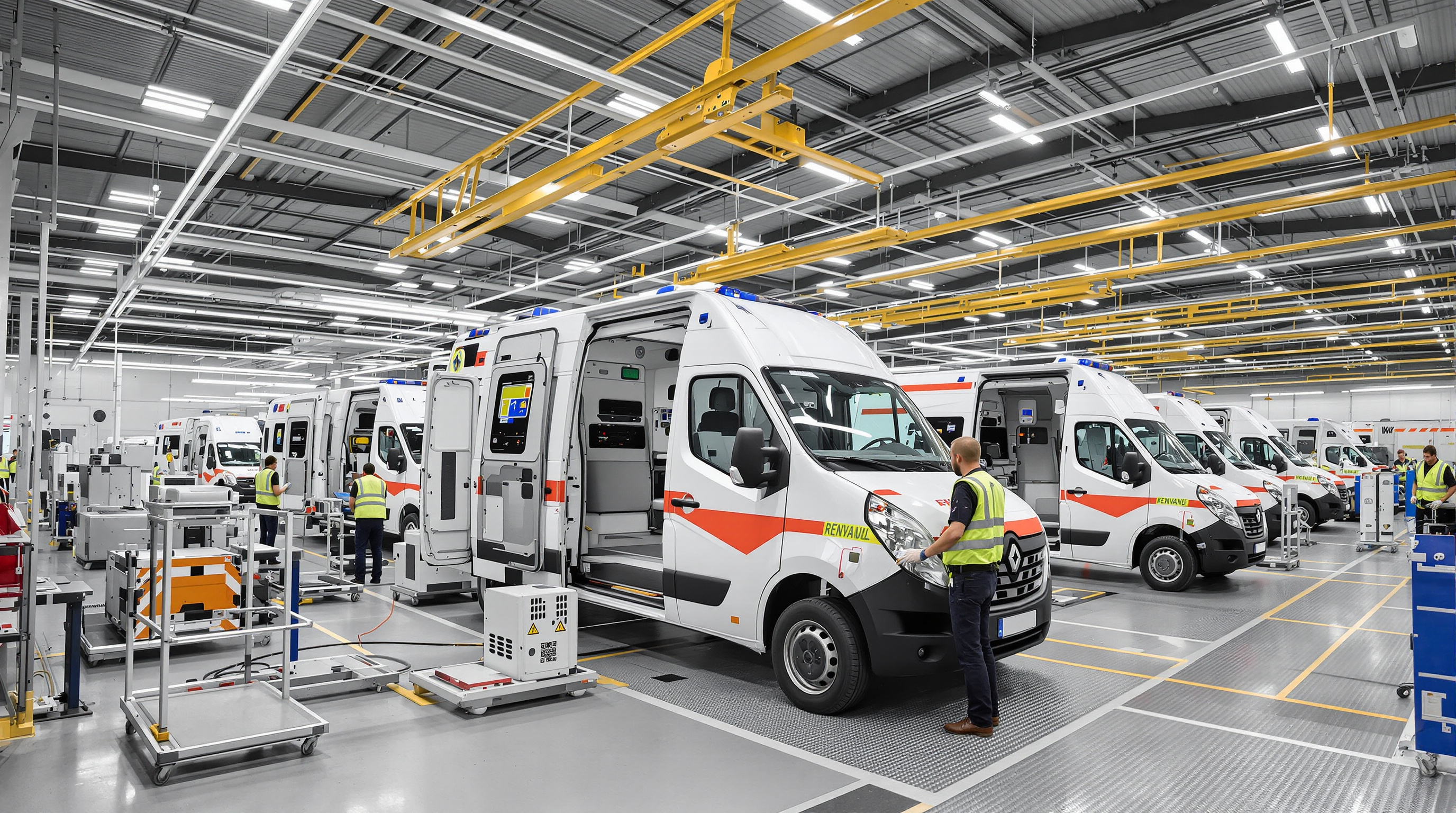 Atelier Qstomize à Batilly : opérateurs Renault transformant des Master en véhicules spéciaux, ambiance industrielle moderne.