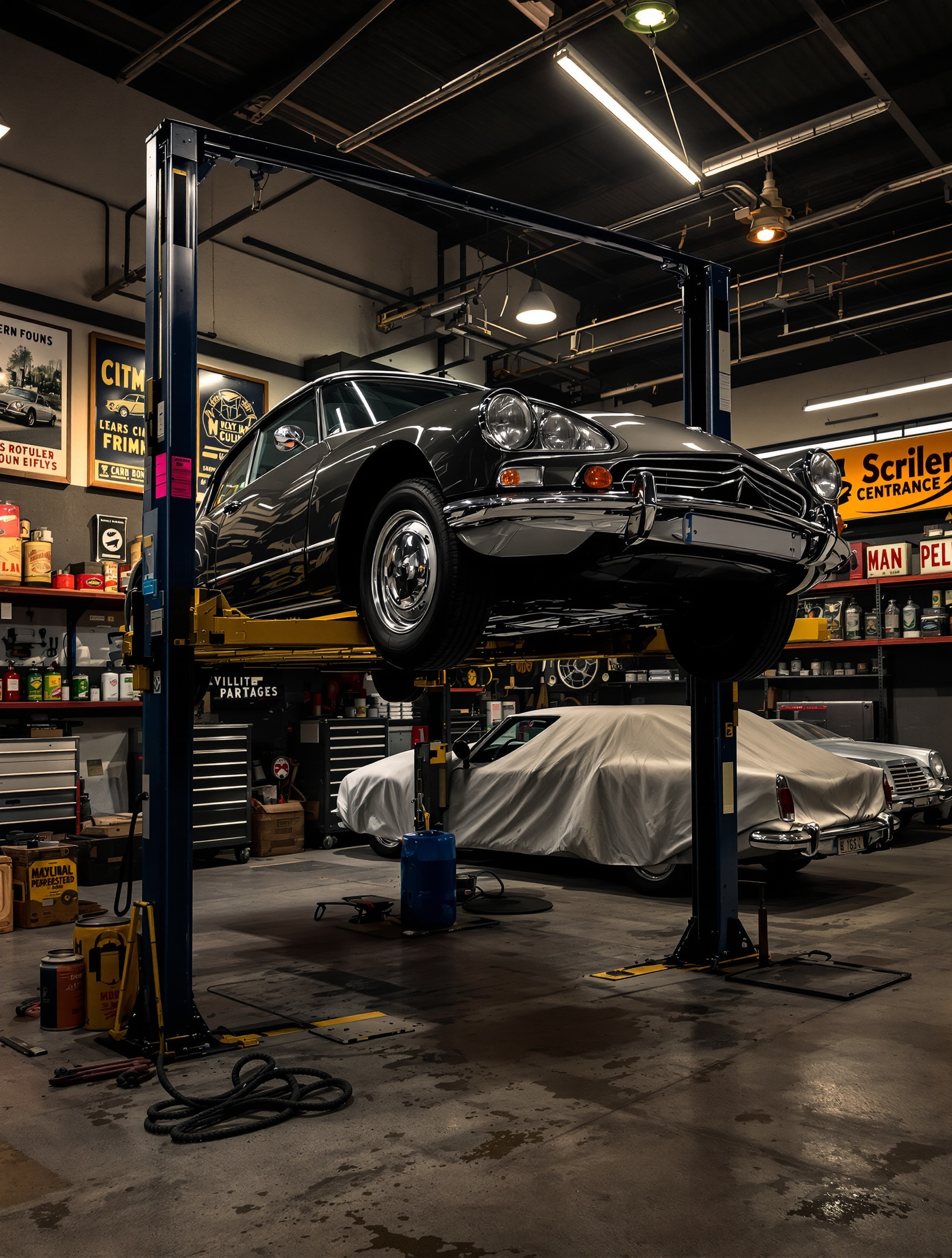 Atelier mécanique DS garage vintage housse entretien collection