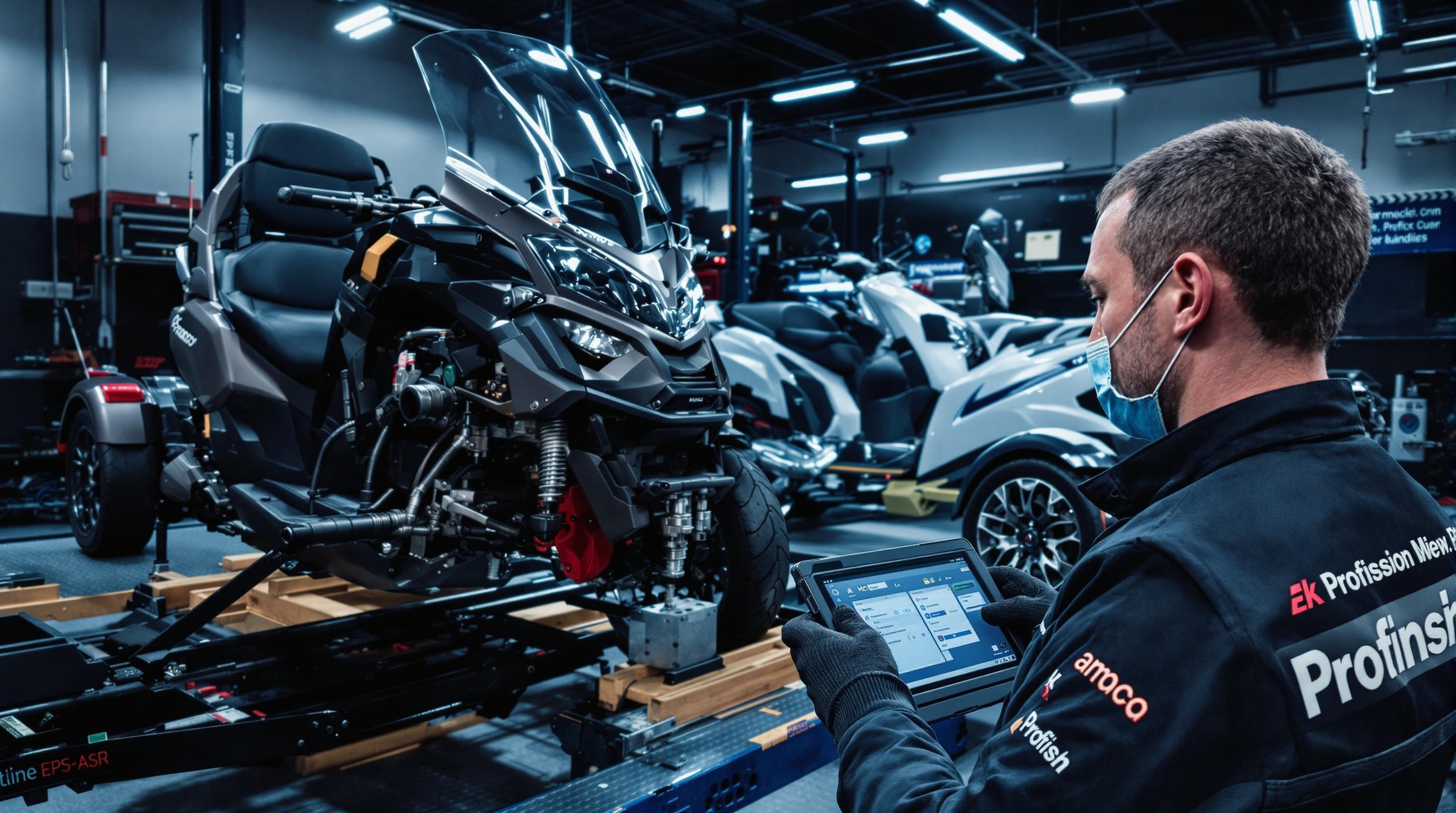 Atelier d’entretien pour moto 3 roues avec systèmes HPE, EPS et ASR