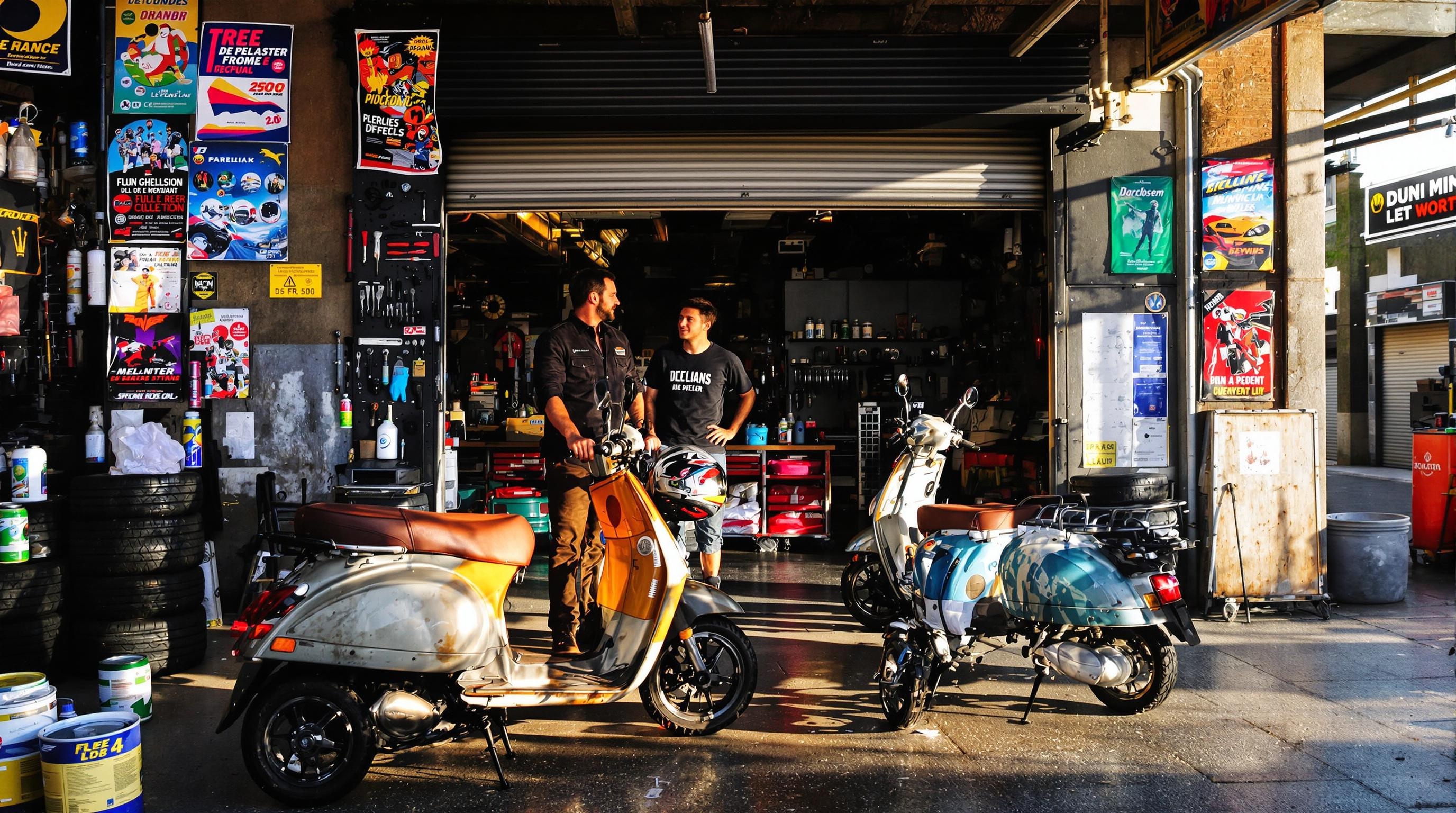 Atelier spécialisé dans les scooters trois roues d'occasion en pleine discussion avec un client