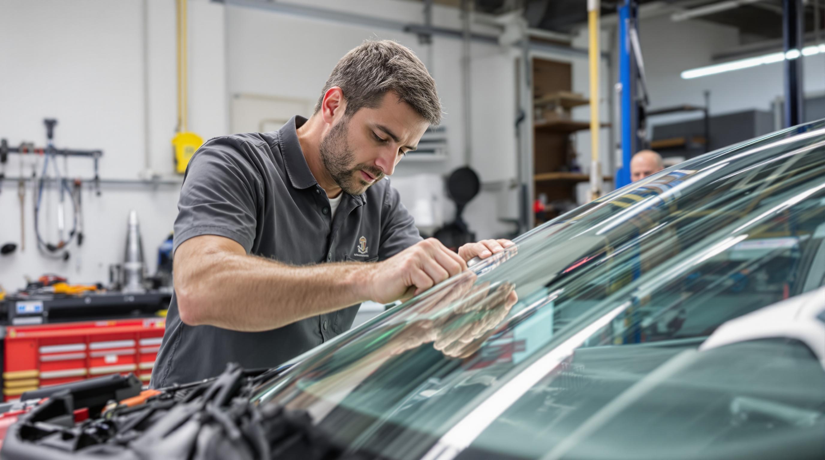 Un technicien dans un atelier indépendant réparant un pare-brise.