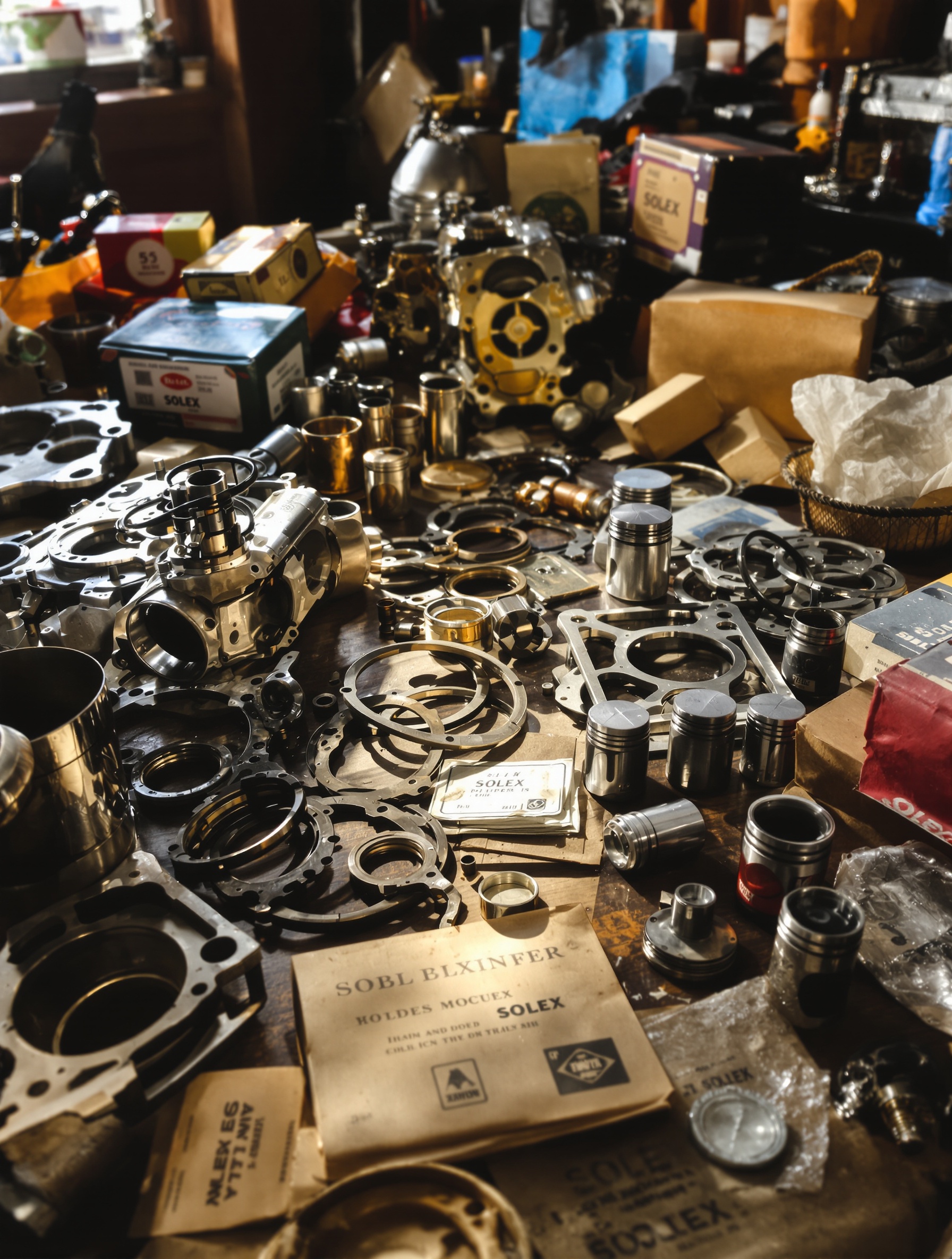 Ambiance atelier vintage avec un étal de pièces détachées Solex dont carters moteur et pistons d'époque.