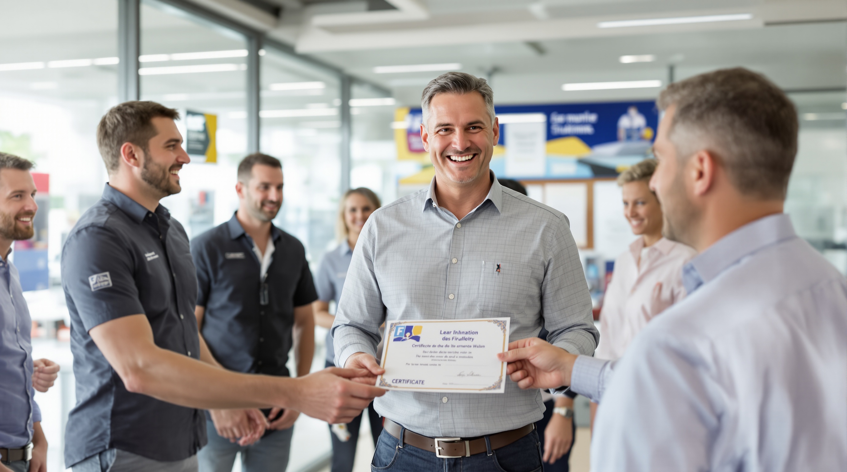 Un conducteur reçoit son attestation de stage avec formateur souriant