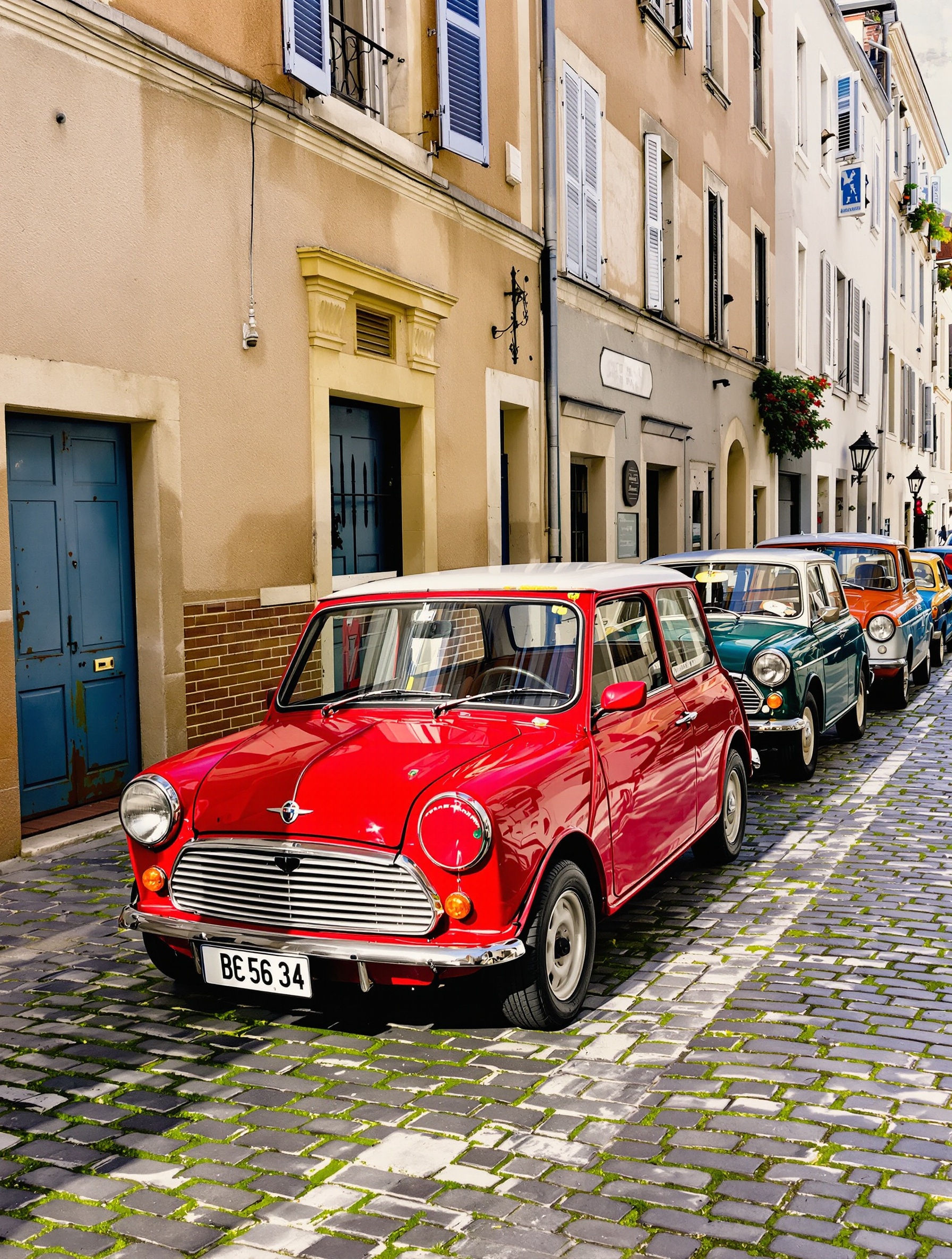 Austin Mini classique patinée garée près d'une Metro et d'une Austin 1300 alignées dans une ruelle française rétro.