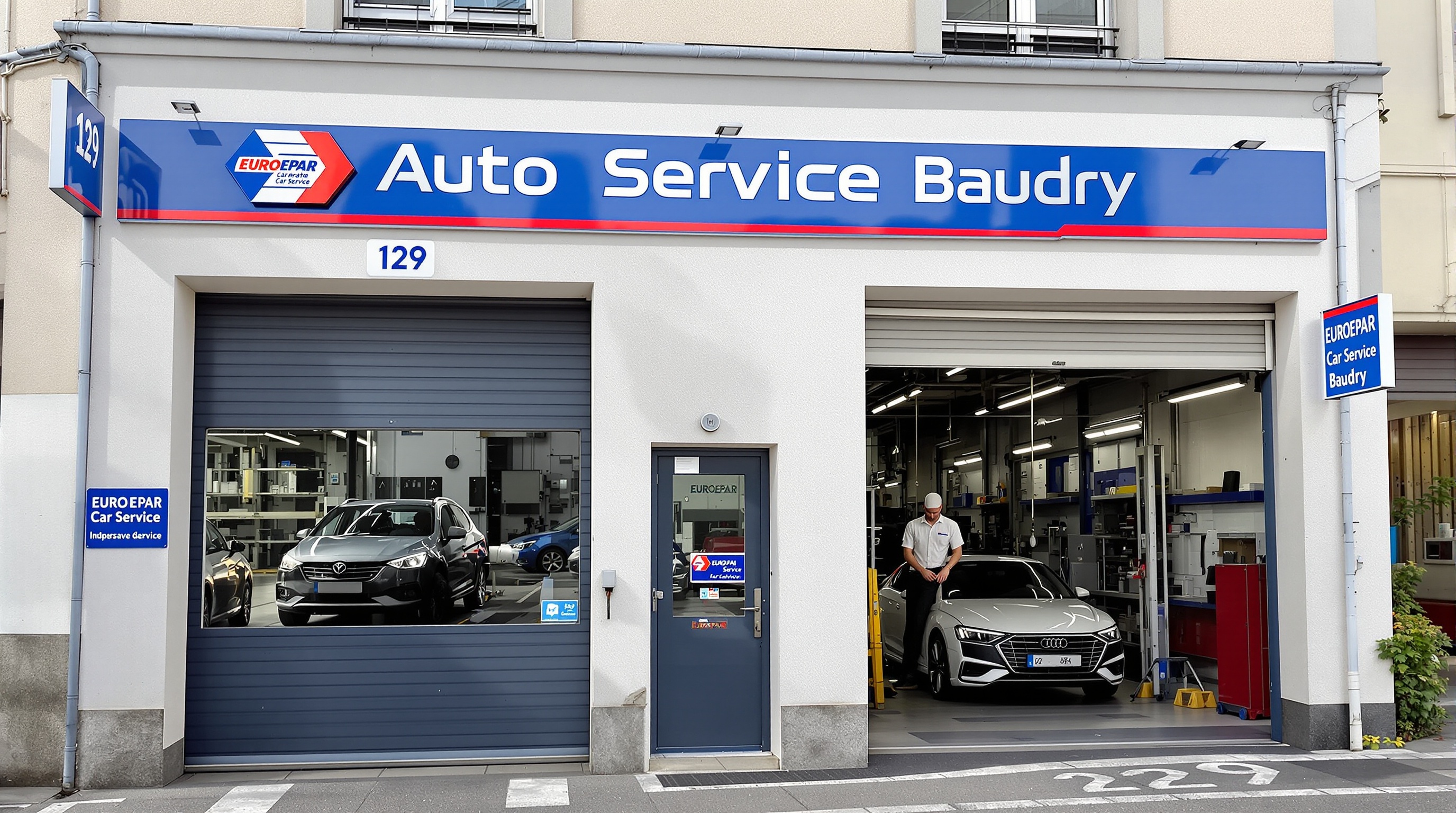 Façade du garage Auto Service Baudry à Ligny-en-Barrois avec logo EUROREPAR Car Service