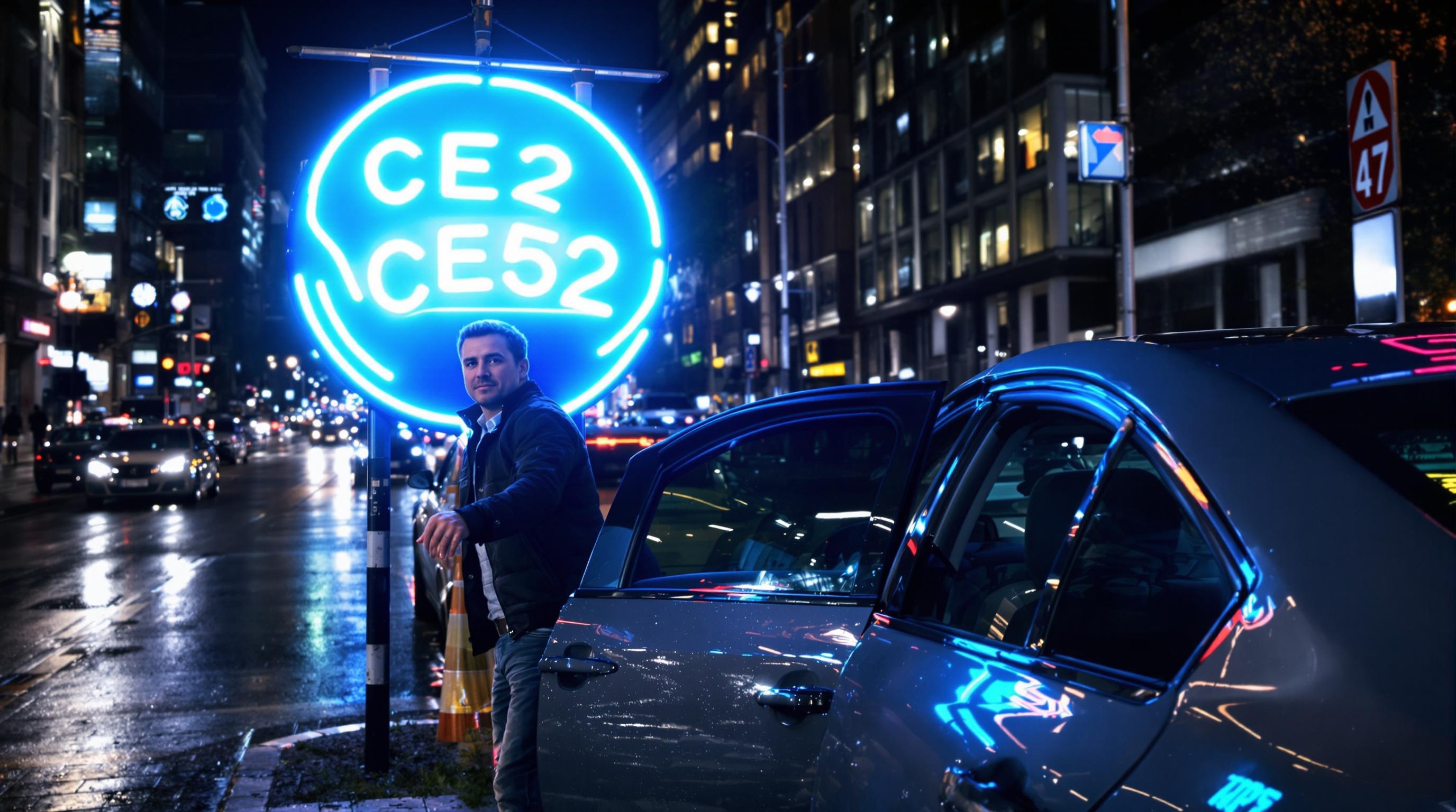 Automobiliste seul face à un panneau CE52 lumineux dans une ambiance urbaine nocturne