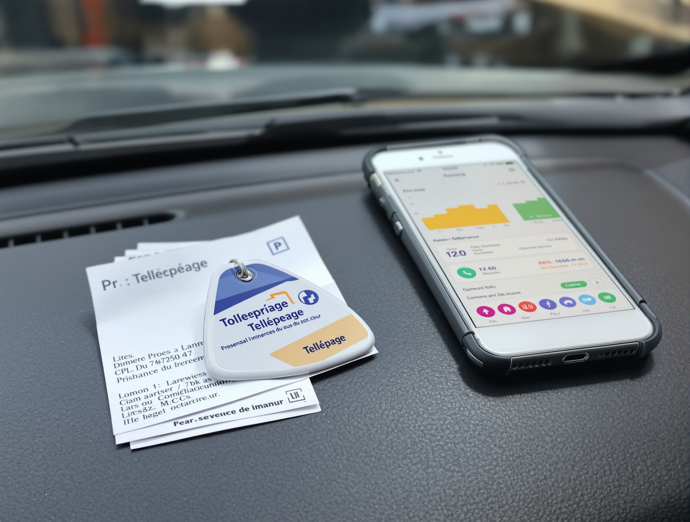Badge télépéage posé devant ticket parking et appli smartphone dépenses