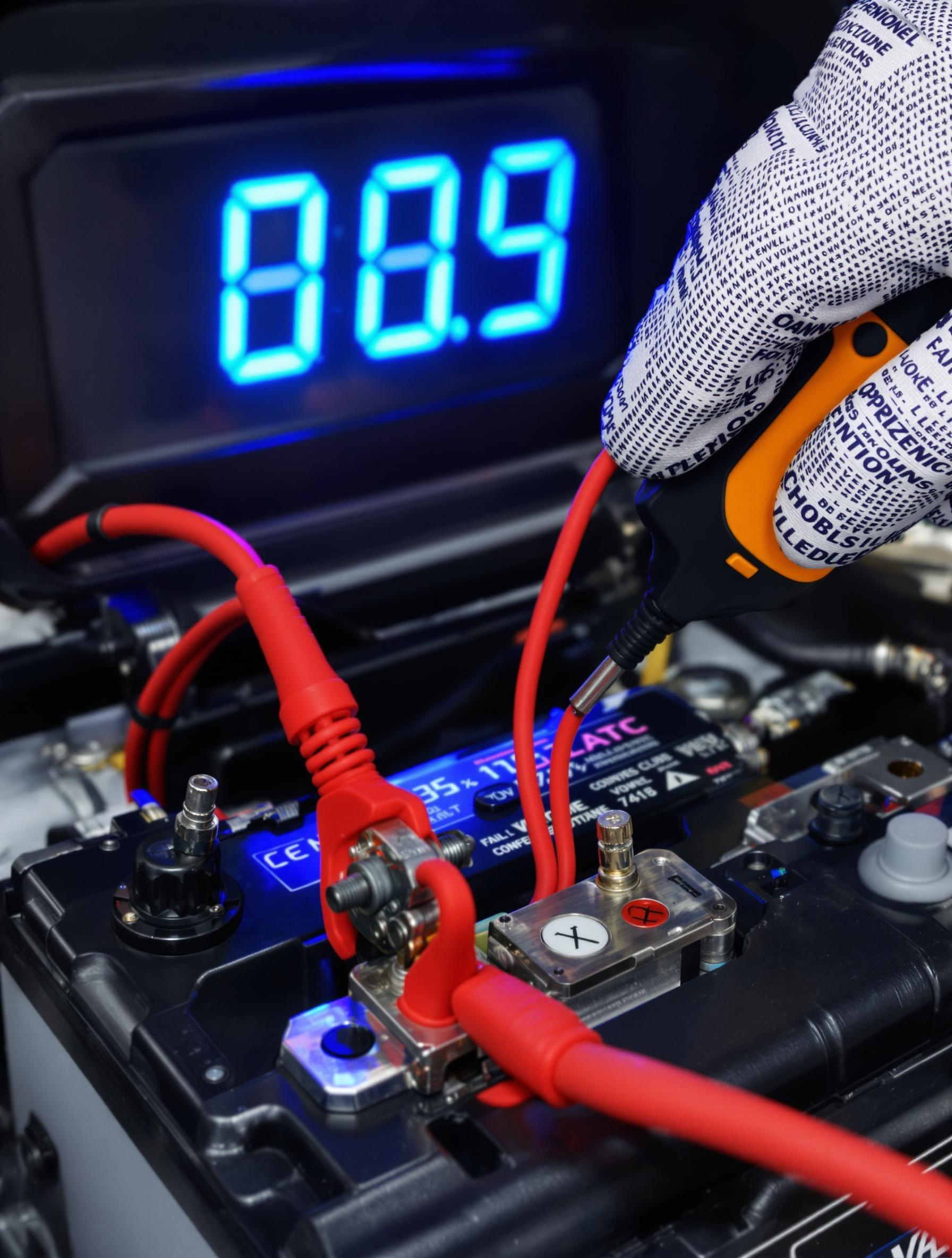 Batterie auto ouverte avec gants isolants et équipement pour choc électrique contrôlé.