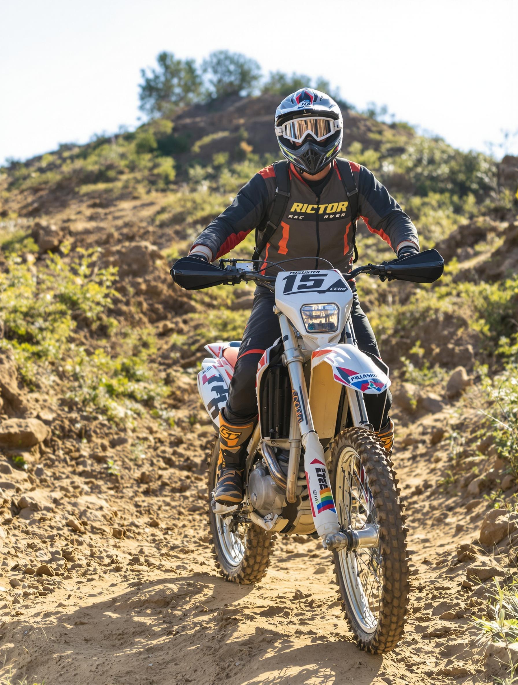 Débutant en moto tout-terrain équipé sur un sentier accidenté