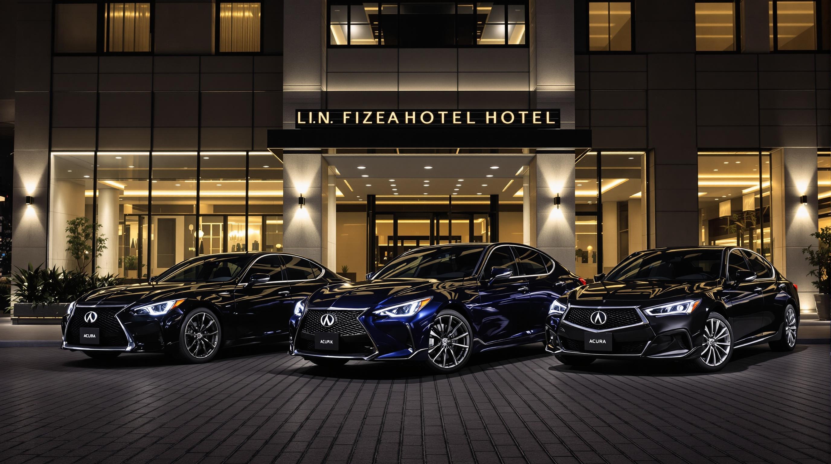 Berlines japonaises de luxe Lexus LS, Infiniti Q50 et Acura RLX devant un hôtel cinq étoiles de nuit