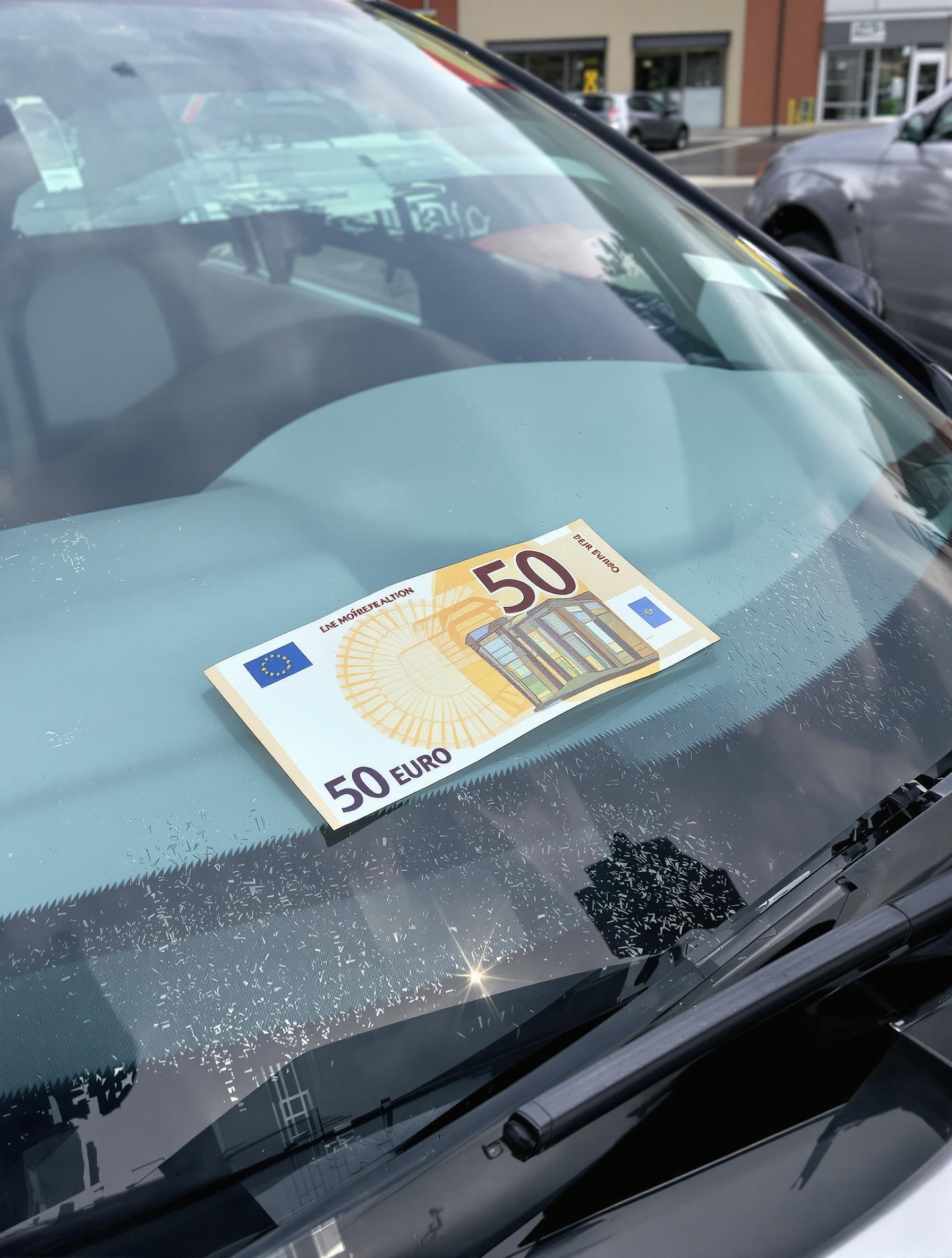 Un billet de 50 euros coincé sur un pare-brise, plan serré, sur un parking de supermarché.
