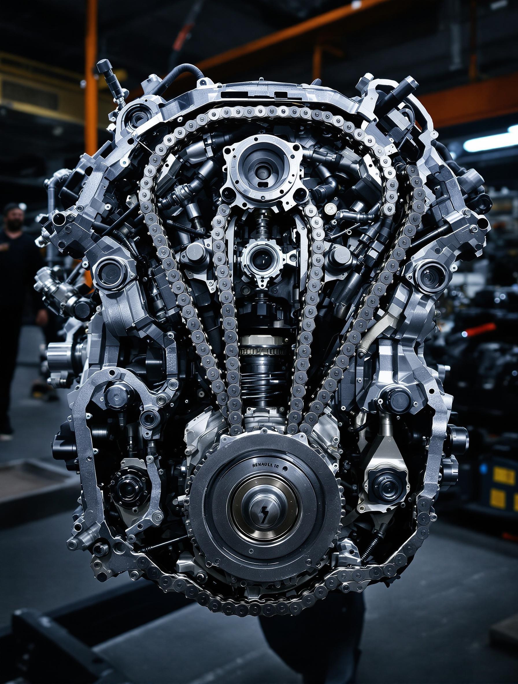 Bloc moteur Renault M9R ouvert avec chaîne de distribution apparente