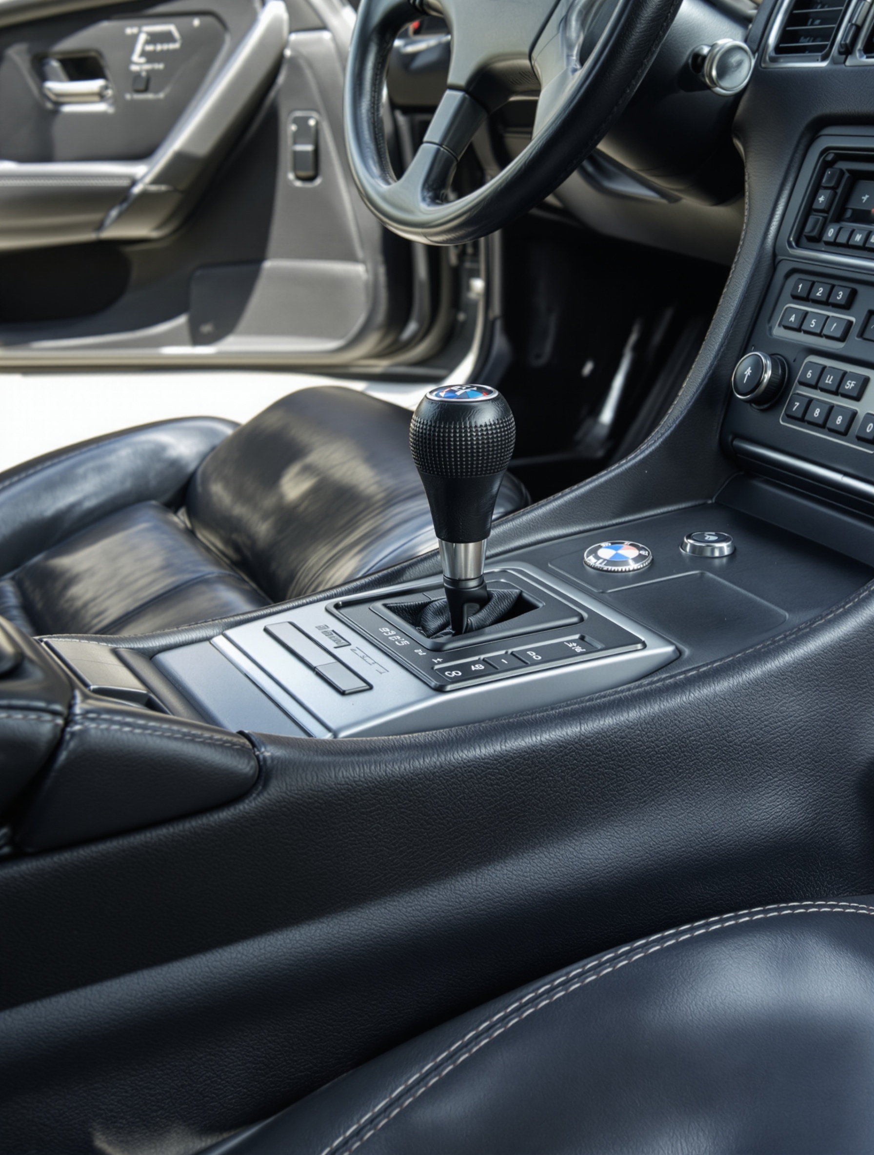 Levier boîte manuelle 6 rapports BMW E31 850i V12, intérieur cuir noir authentique années 90.