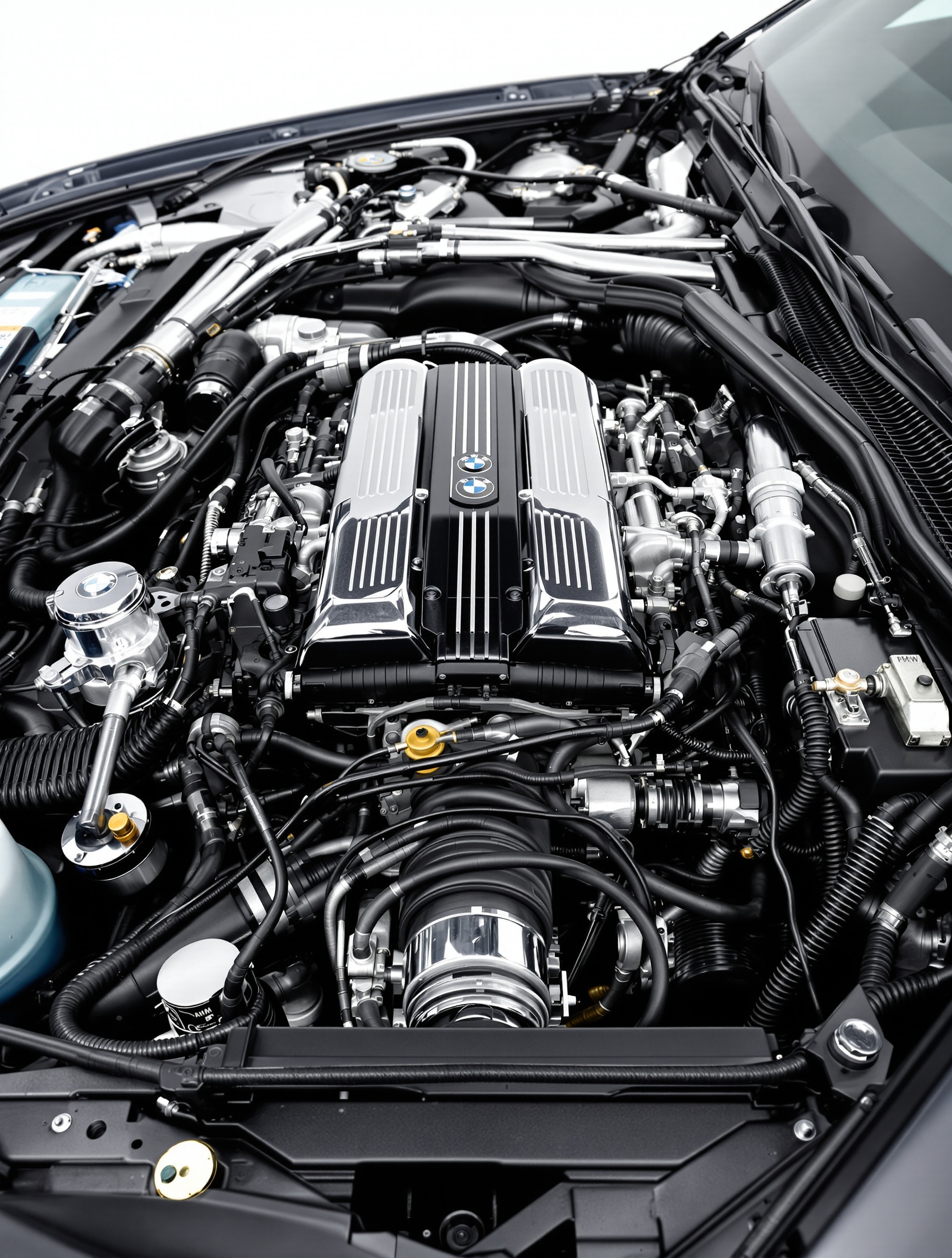 BMW V12 M70 moteur bay détail, mécanique allemande 1990