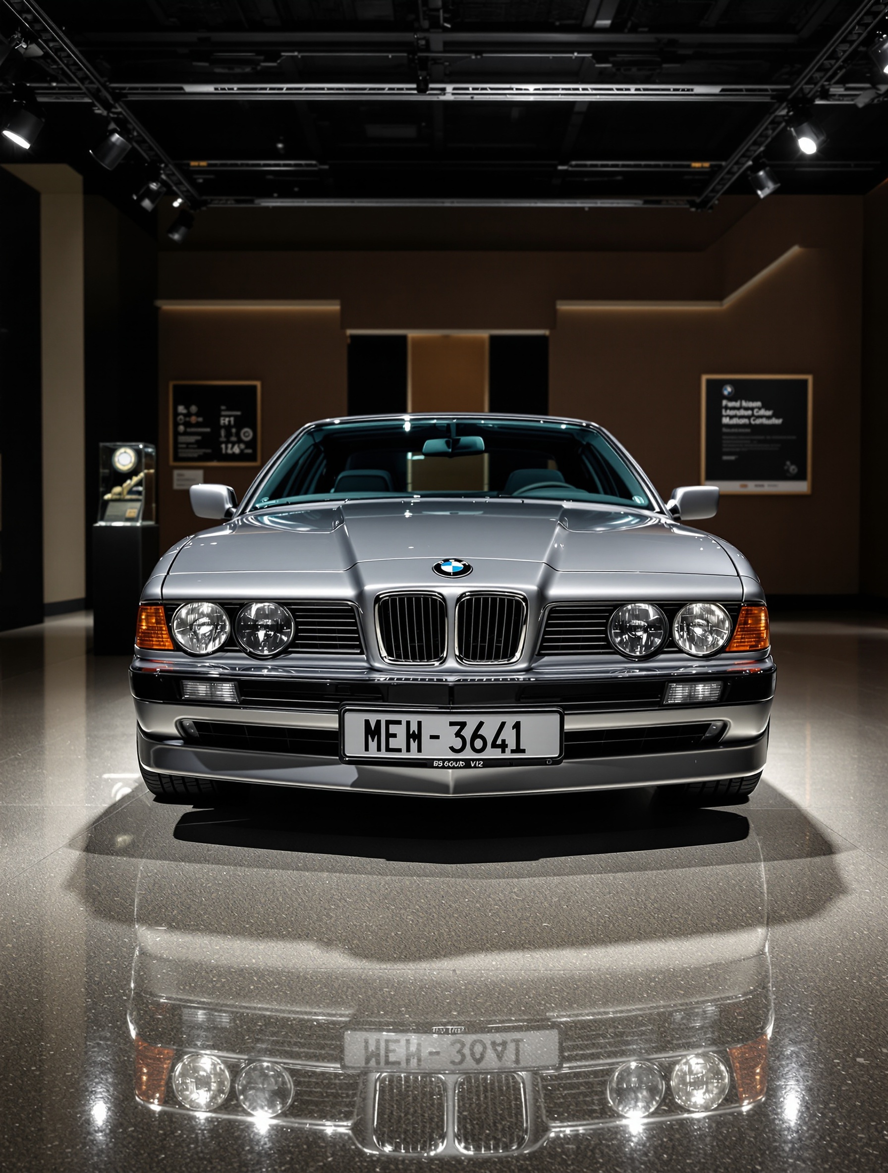 BMW E31 850i V12 exposée dans un musée, éclairage mettant en valeur la rareté et l'élégance de la voiture, ambiance exclusive, plaque d'immatriculation d'époque. Vue trois-quarts avant.