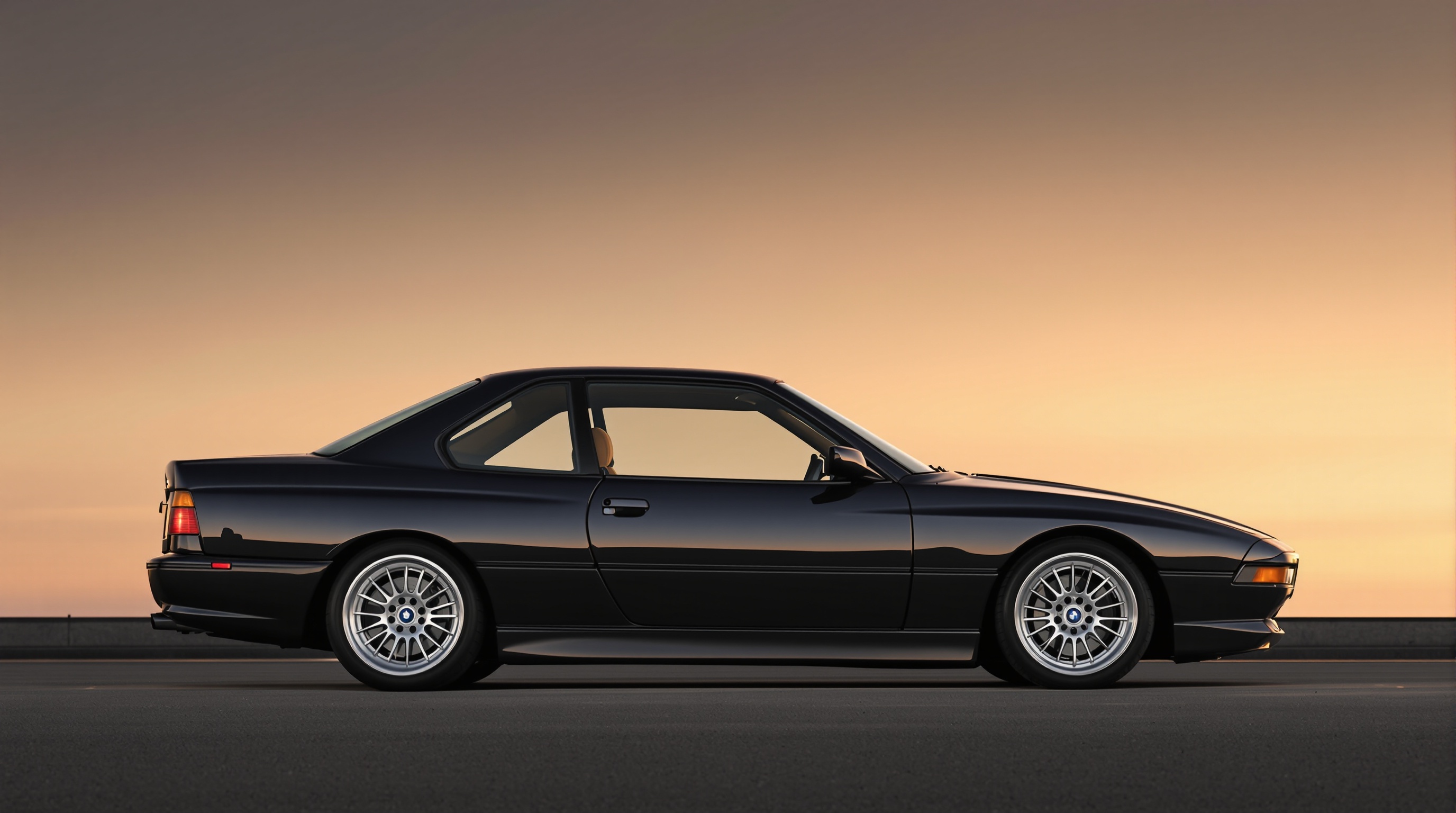 BMW E31 850i V12, profil au coucher du soleil, lignes épurées, phares escamotables, design intemporel.