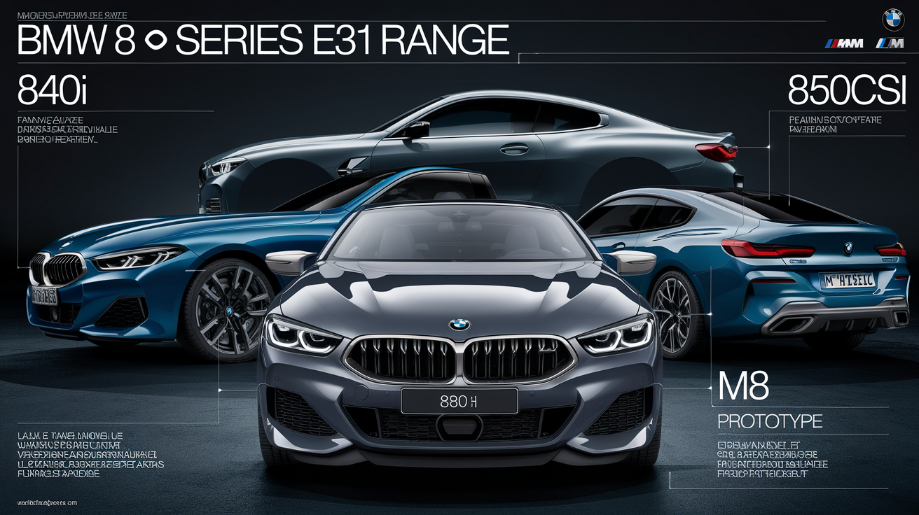 Tableau récapitulatif des principaux modèles de la gamme BMW Série 8 E31, silhouettes stylisées de l'840i, 850i, 850CSi et prototype M8, fond sombre élégant.