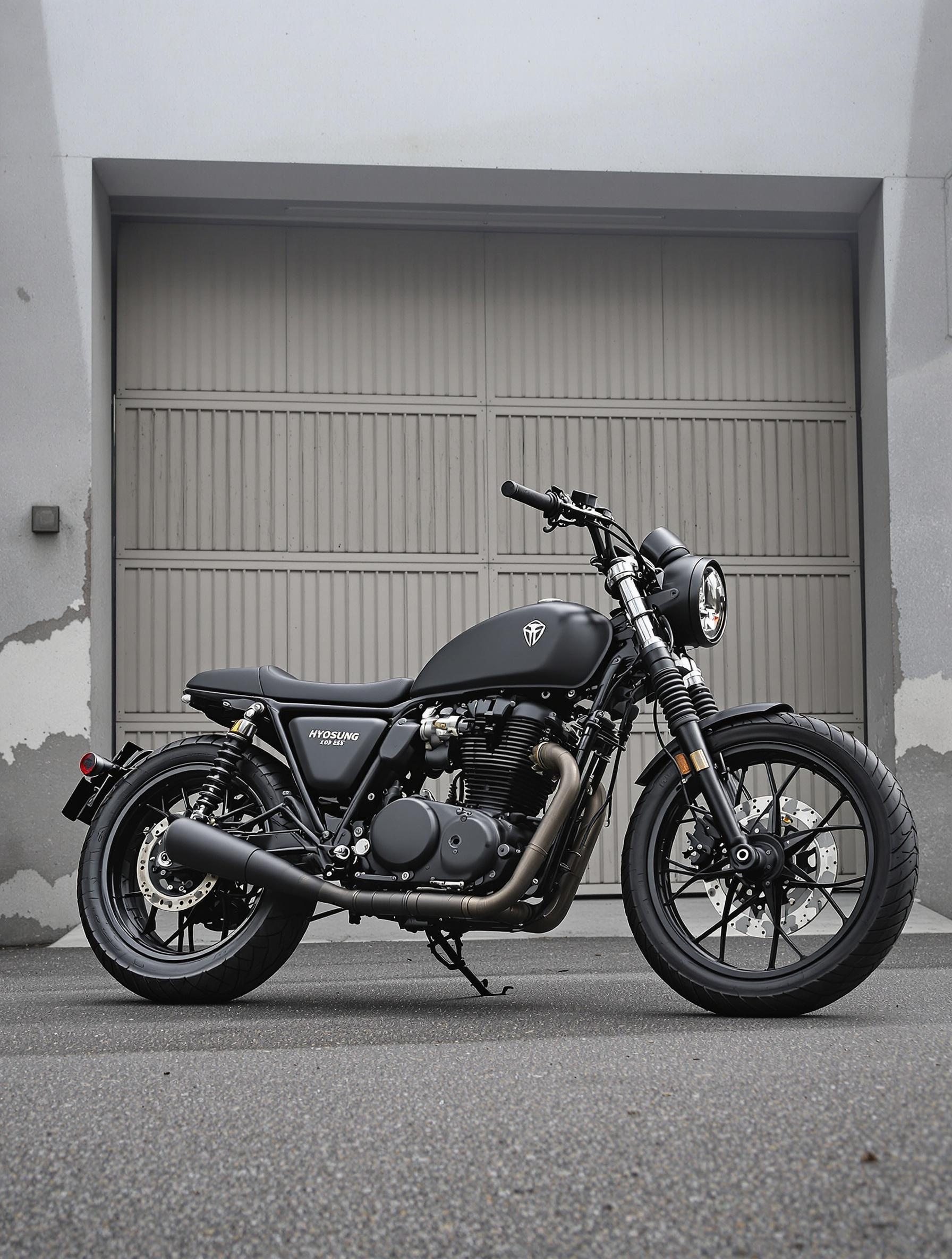 Bobber 125 Hyosung customisé avec crash bars dans un garage urbain