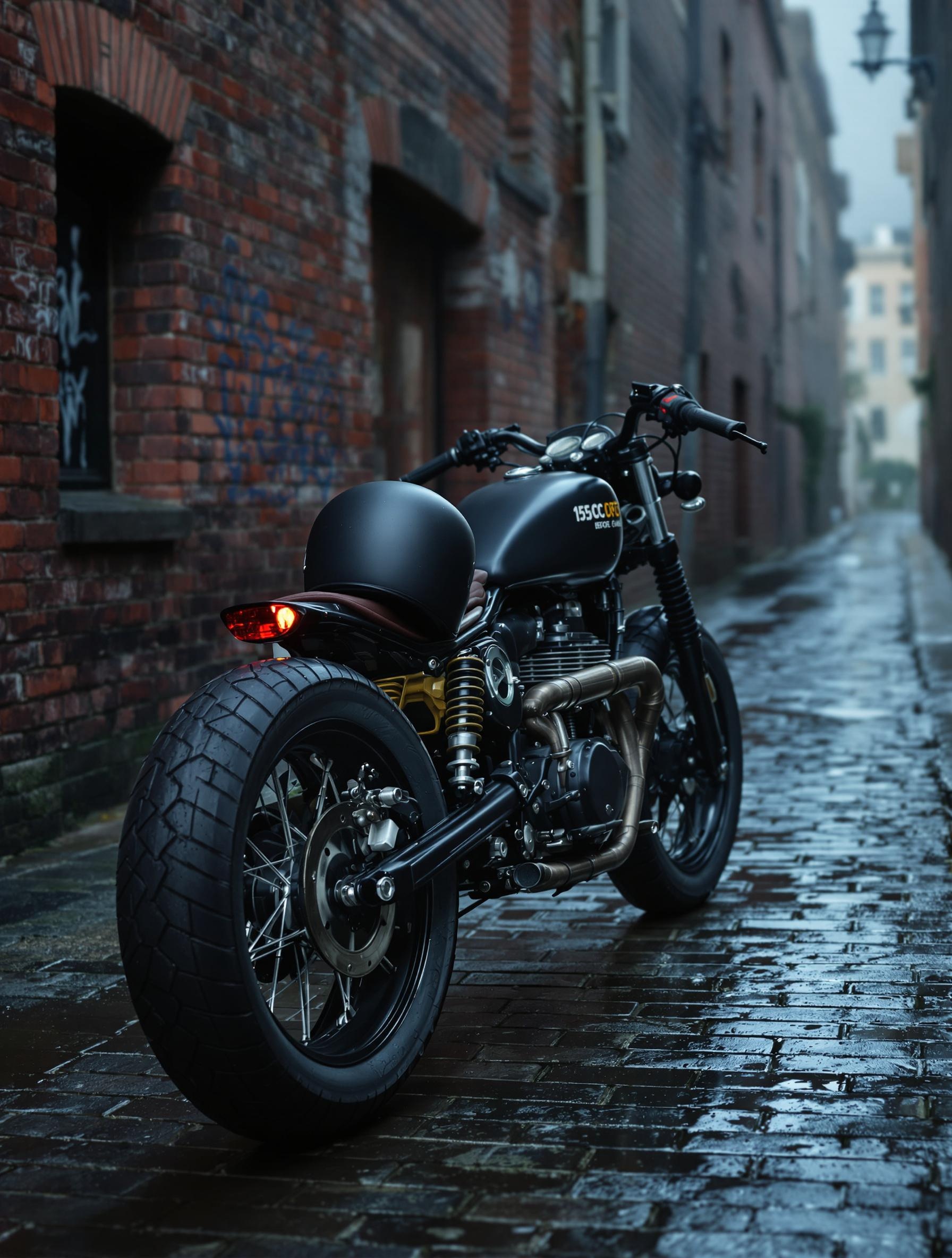 Bobber 125 dans une ruelle urbaine un matin humide avec casque jet