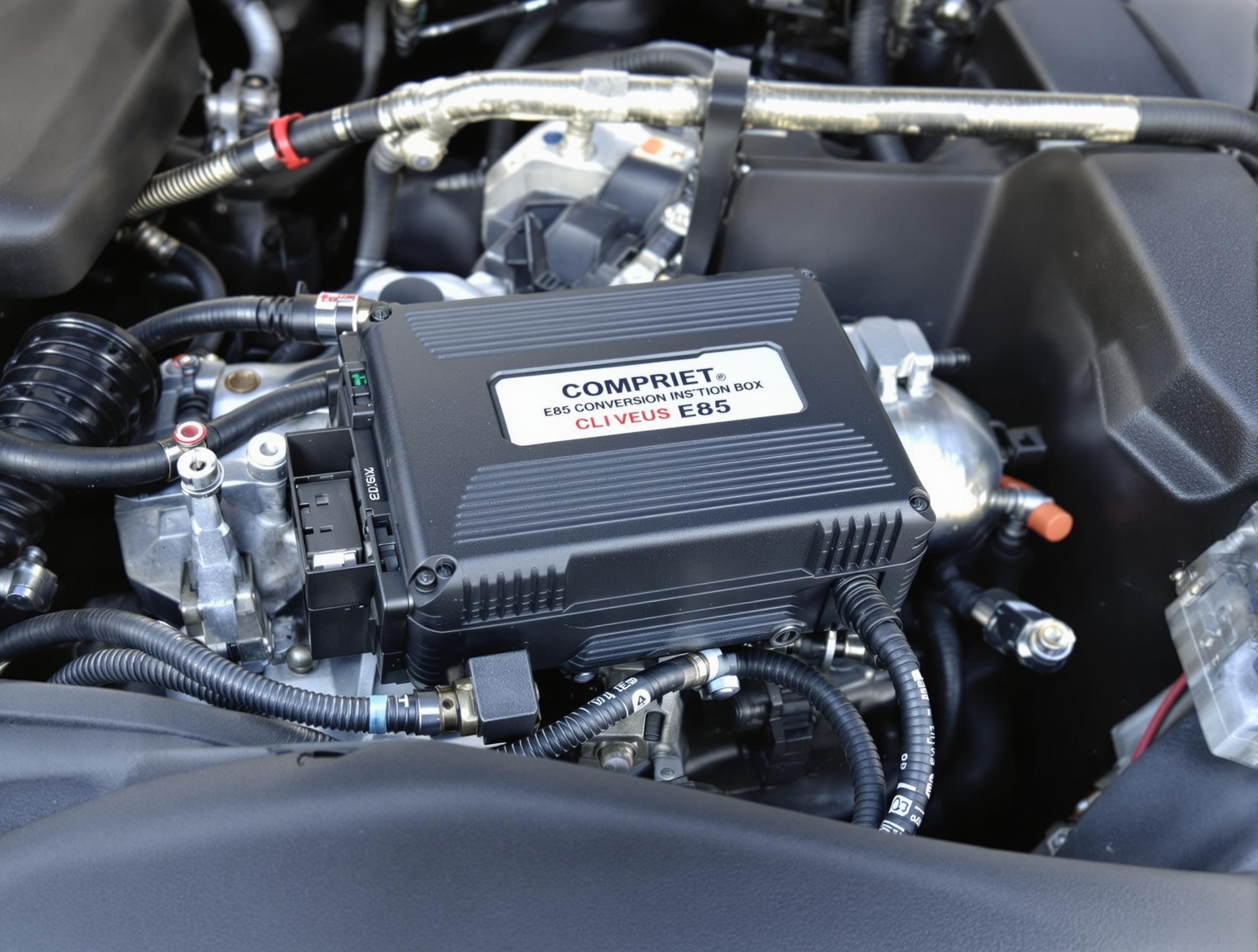 Boîtier E85 homologué installé compartiment moteur : connecteurs OBD câbles isolés