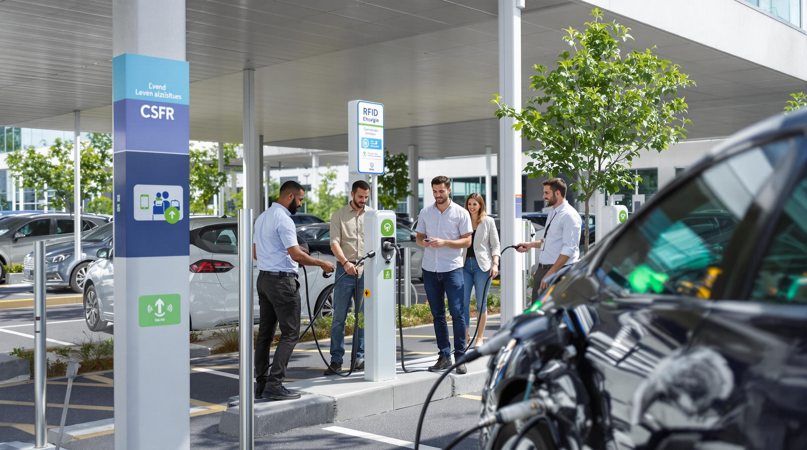 Borne IRVE sur un parking d'entreprise avec badge RFID