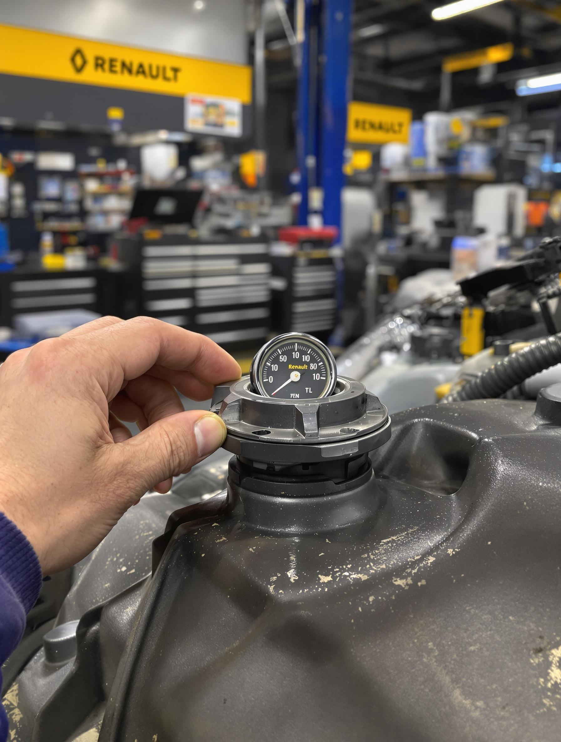 Contrôle du niveau de liquide de refroidissement sur un utilitaire Renault, bouchon ouvert par un mécanicien