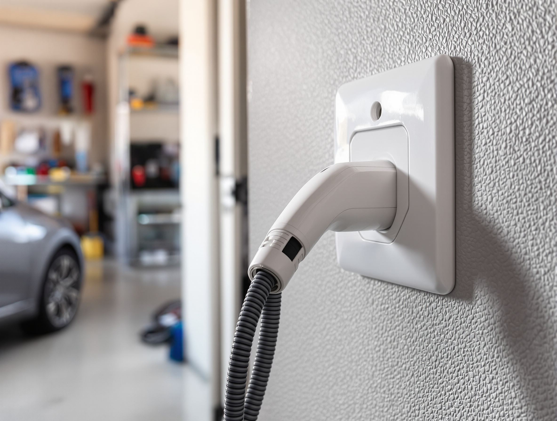 Câble de recharge branché sur une prise domestique dans un garage