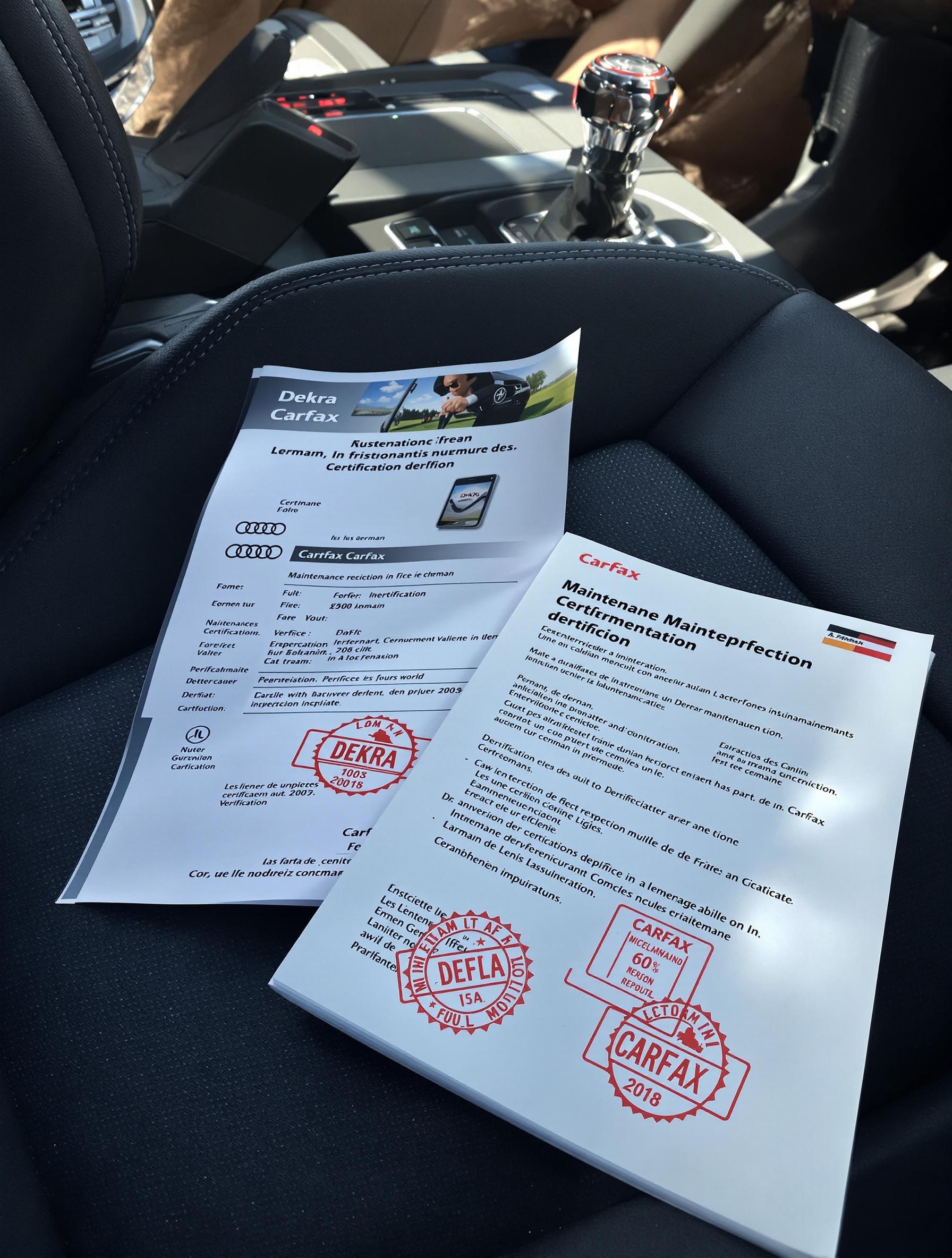 Carnet d'entretien allemand posé sur siège Audi avec contrôle Dekra et Carfax.