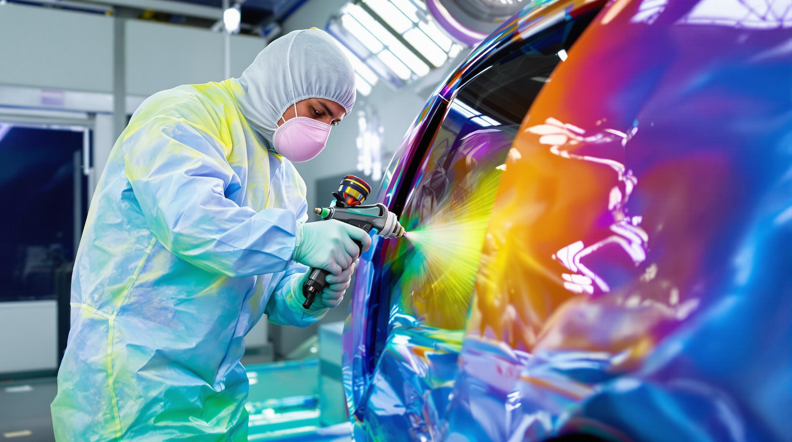 Un carrossier-peintre appliquant une peinture professionnelle en cabine