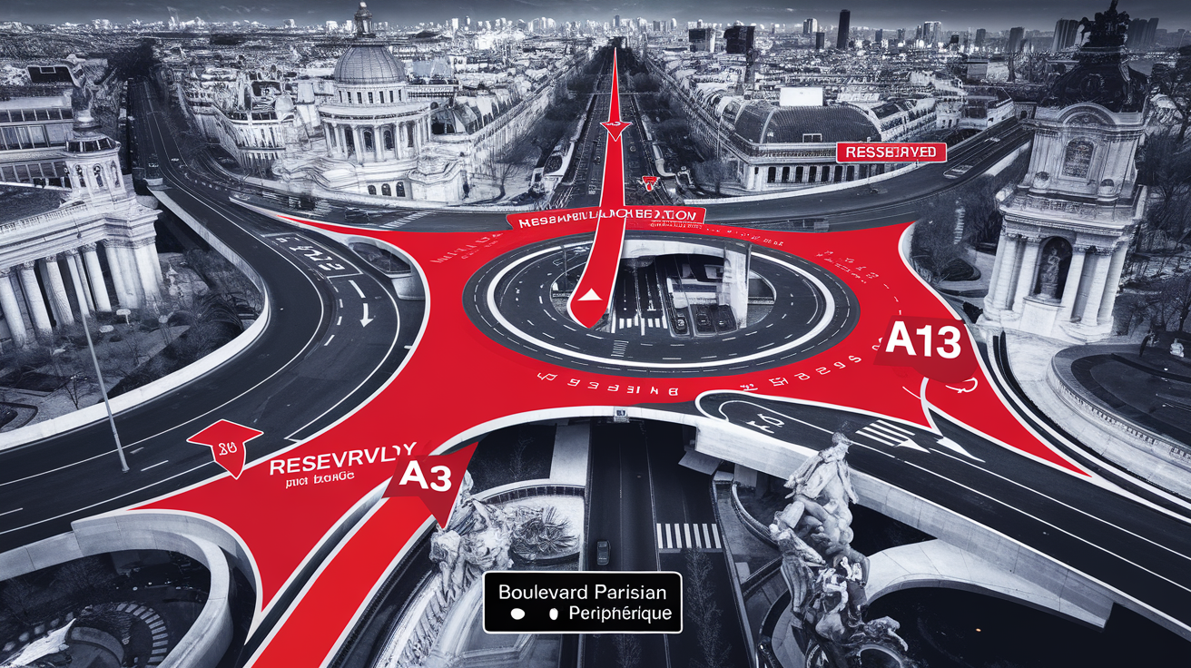 Vue aérienne du Boulevard périphérique de Paris, tronçons réservés en rouge, monuments repères et entités A1/A13