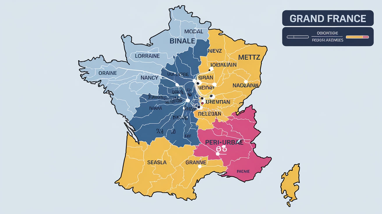 Carte de France montrant les pics de part modale voiture dans le Grand Est, Lorraine, Nancy, Metz et Reims