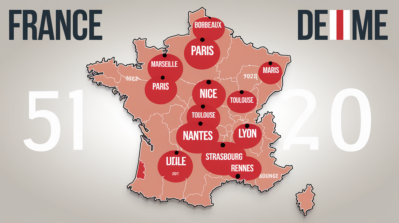 Carte de France montrant les villes les plus embouteillées en 2025, avec des cercles rouges proportionnels à la densité de trafic.