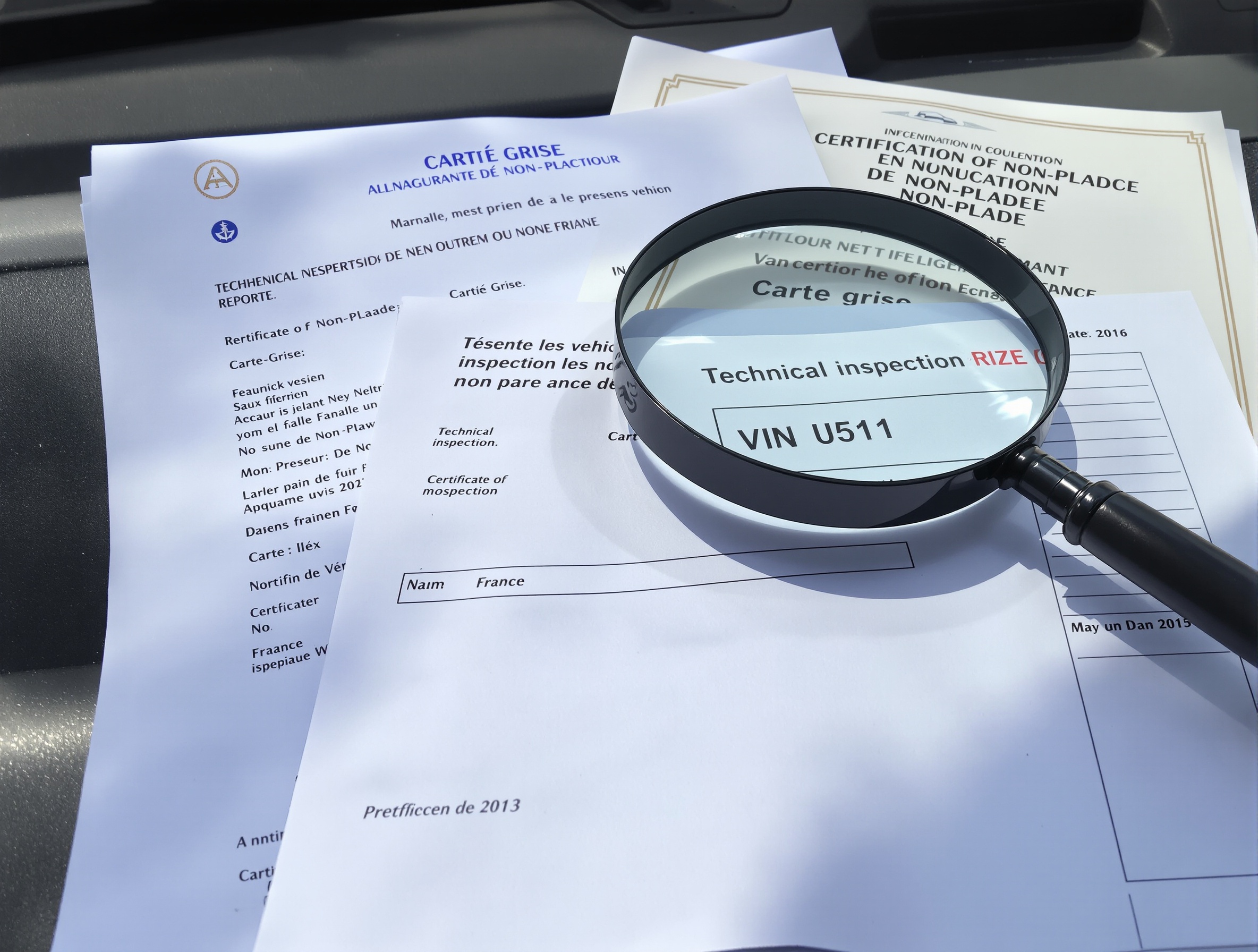 Carte grise, contrôle technique et certificat de non-gage sur tableau de bord utilitaire