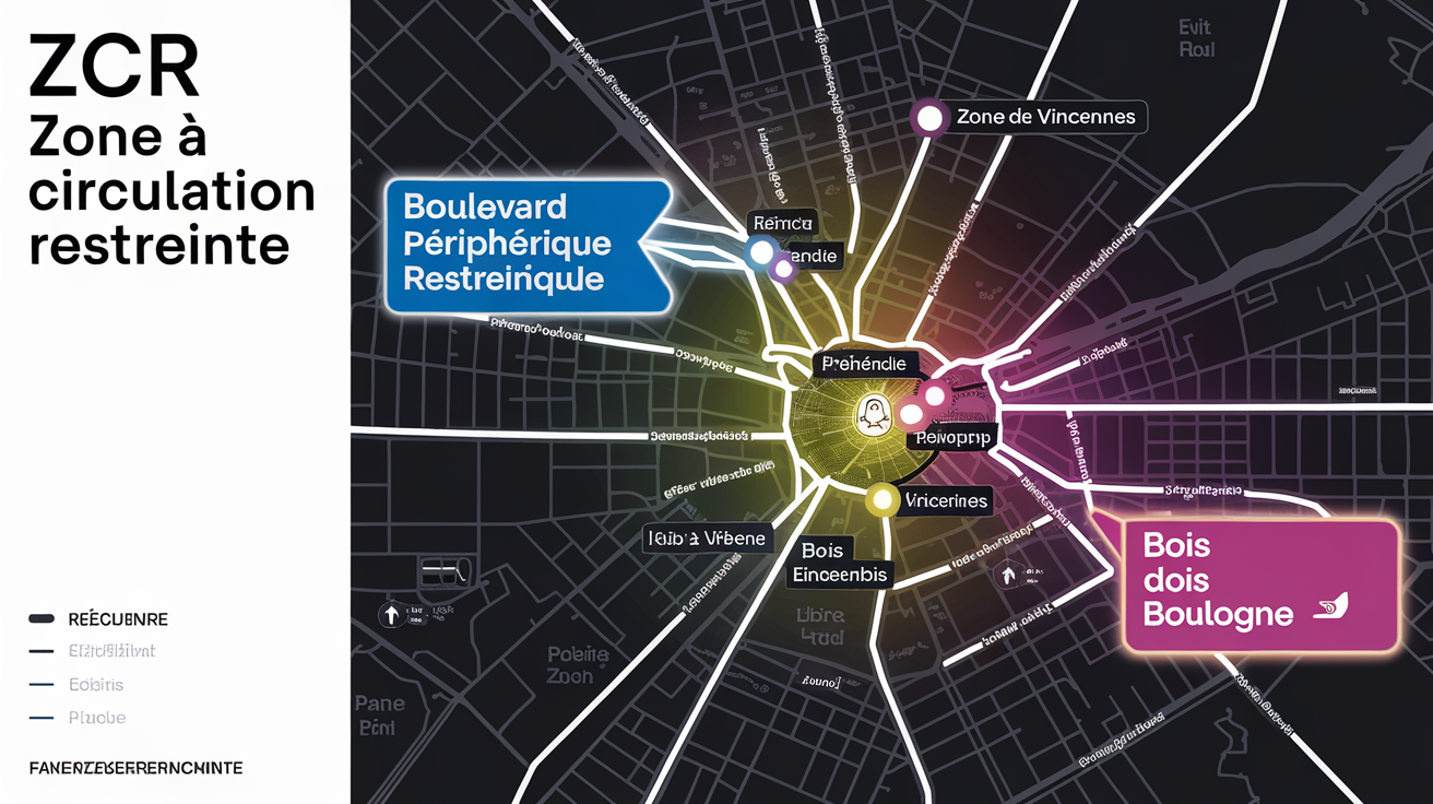 Carte Itinériz montrant la ZCR de Paris, boulevard périphérique, bois de Vincennes et bois de Boulogne.